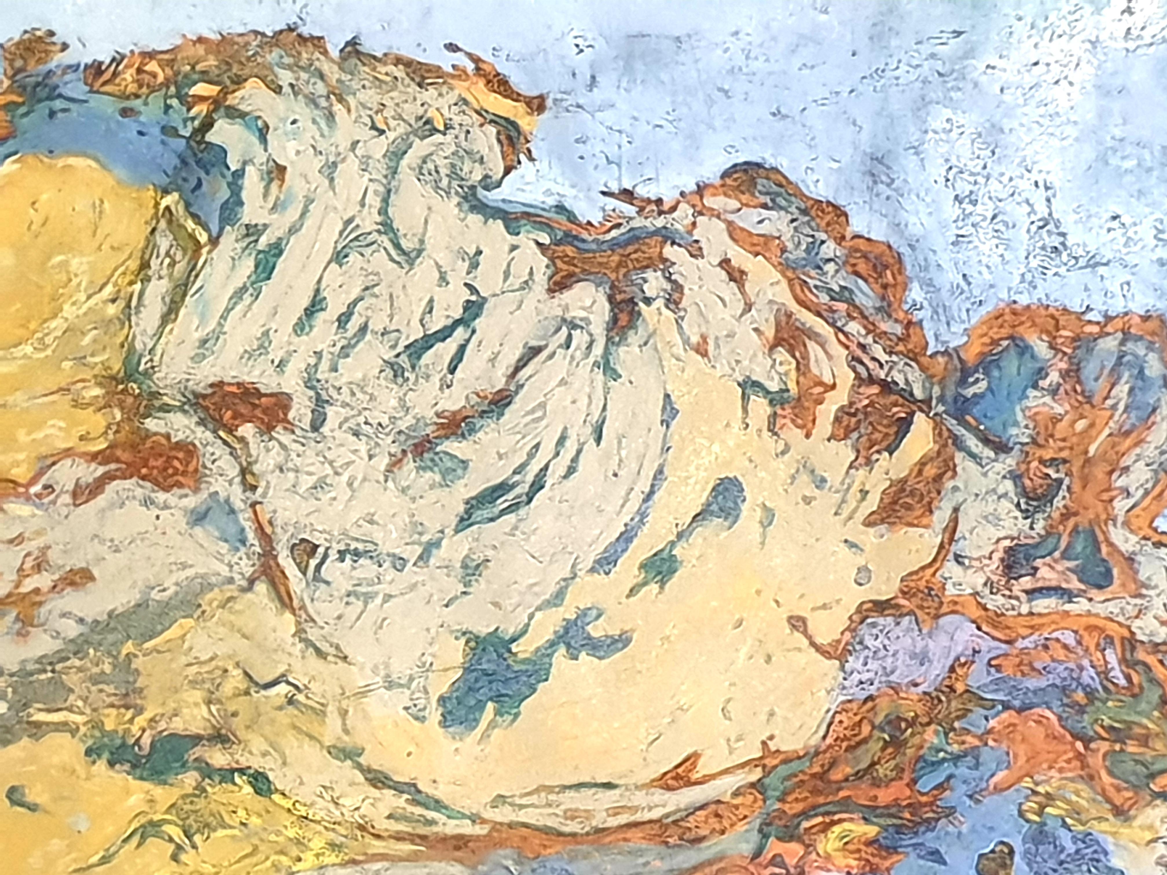 Pastel impresionista contemporáneo de un paisaje del artista franco-belga Francis Besson. Firmado abajo a la derecha. 

Un torbellino de colores y diseños dan forma a este suntuoso cuadro de un paisaje provenzal. La tierra se estrella sobre el papel