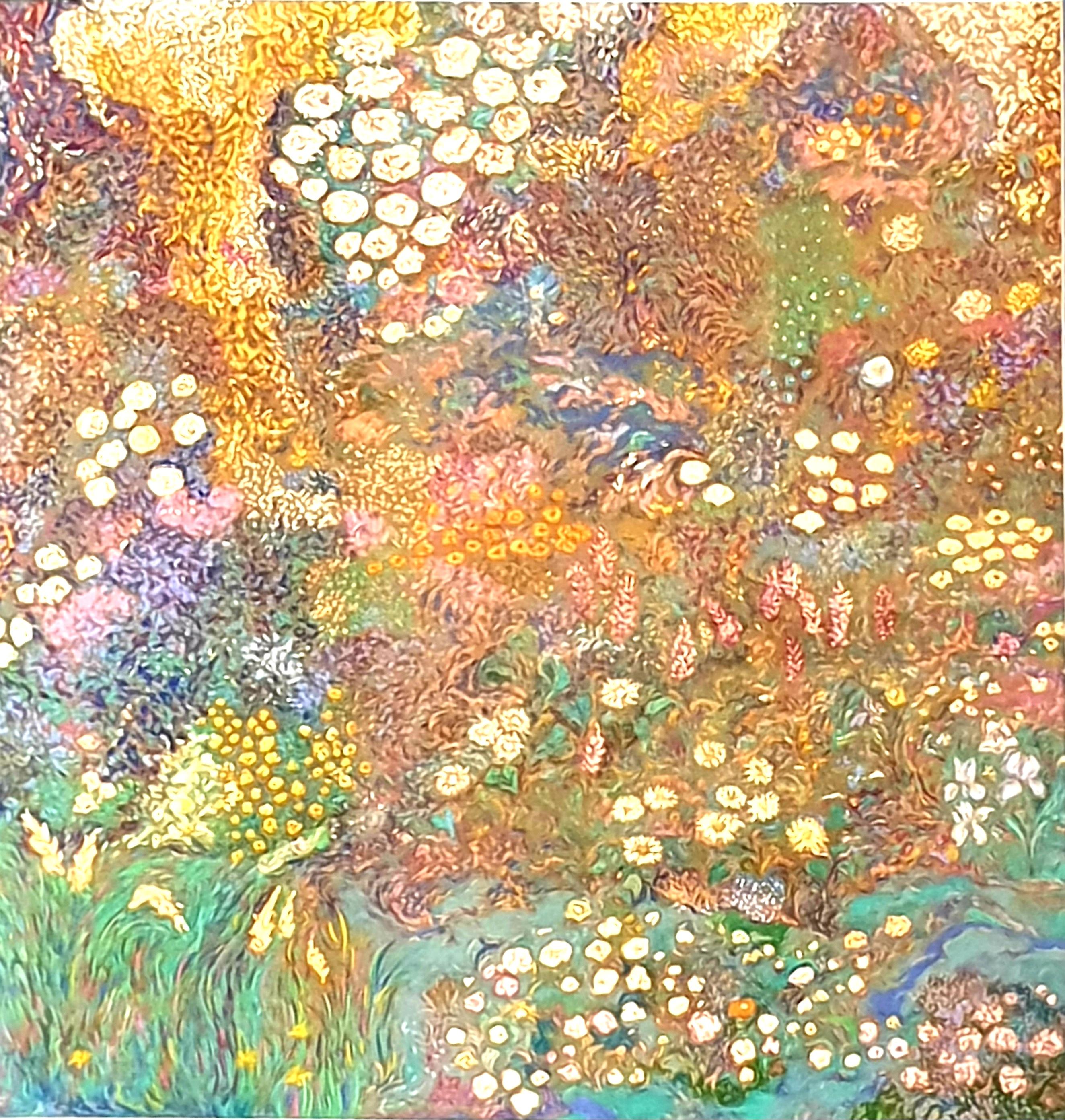 Francis Besson Landscape Painting - 'Garden in Full Bloom', Impressionist Pointillist Pastel.
