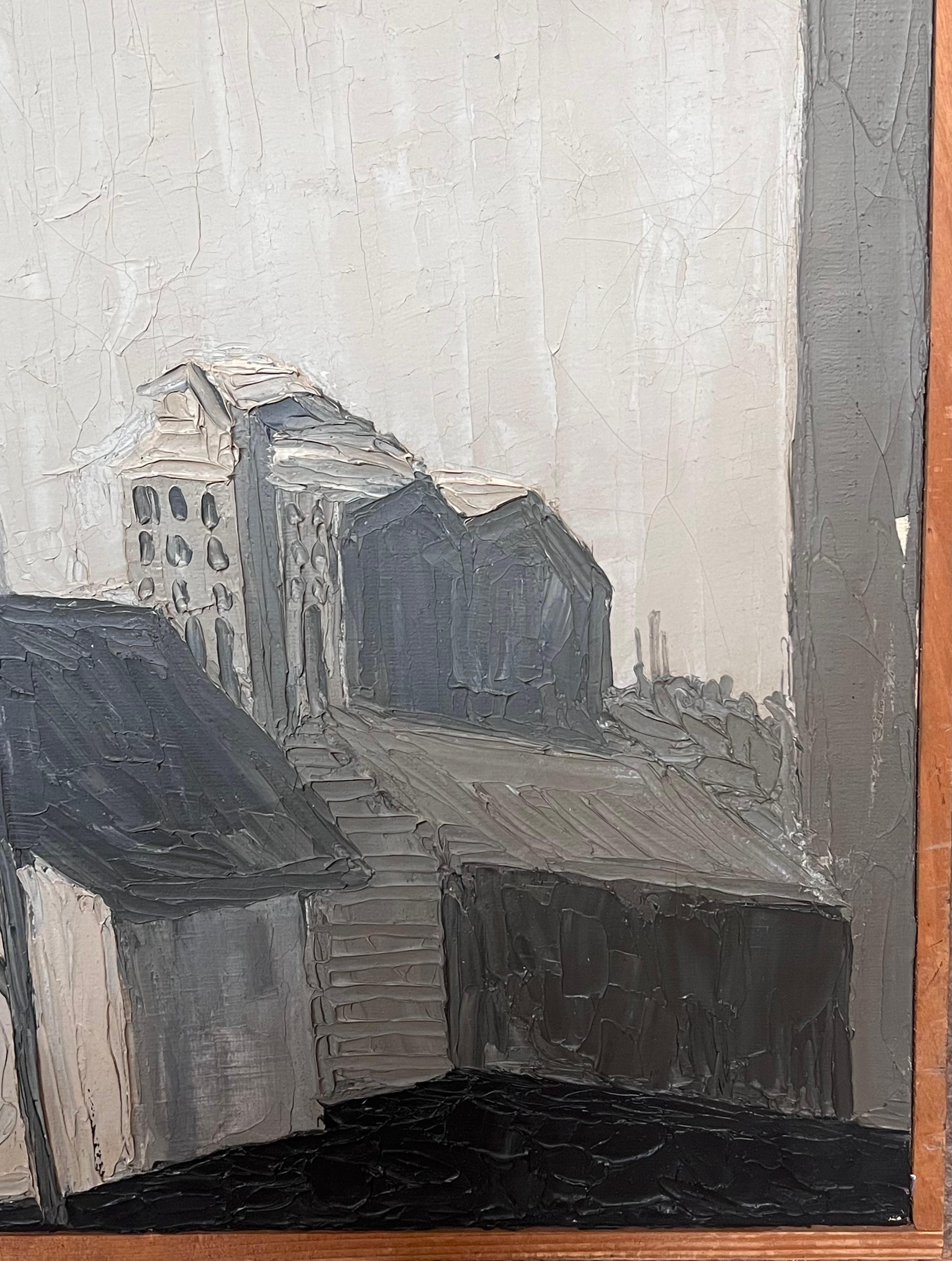 Pittura a olio della metà del 20° secolo, paesaggio industriale francese grigio e atmosferico in vendita 5