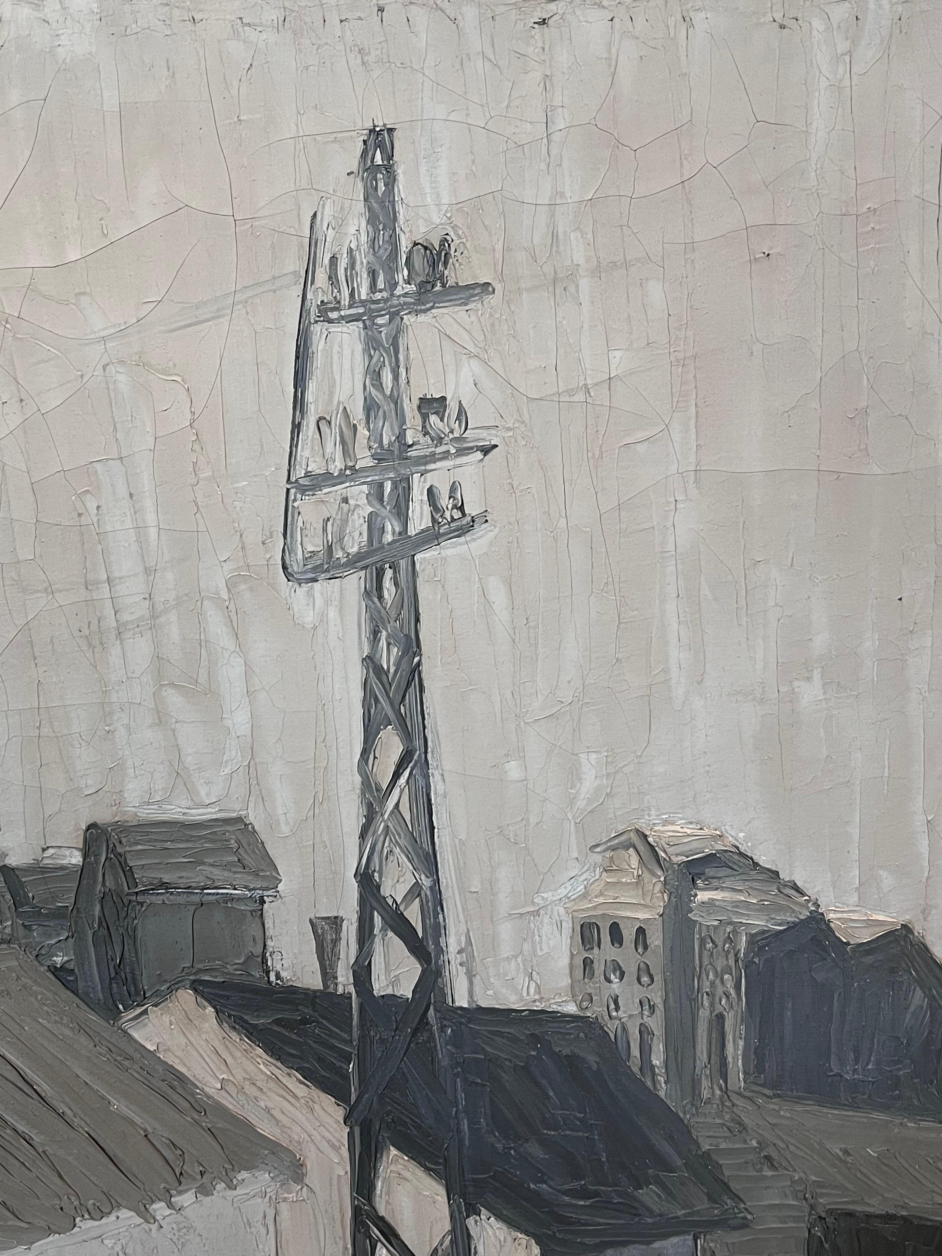 Pittura a olio della metà del 20° secolo, paesaggio industriale francese grigio e atmosferico in vendita 6