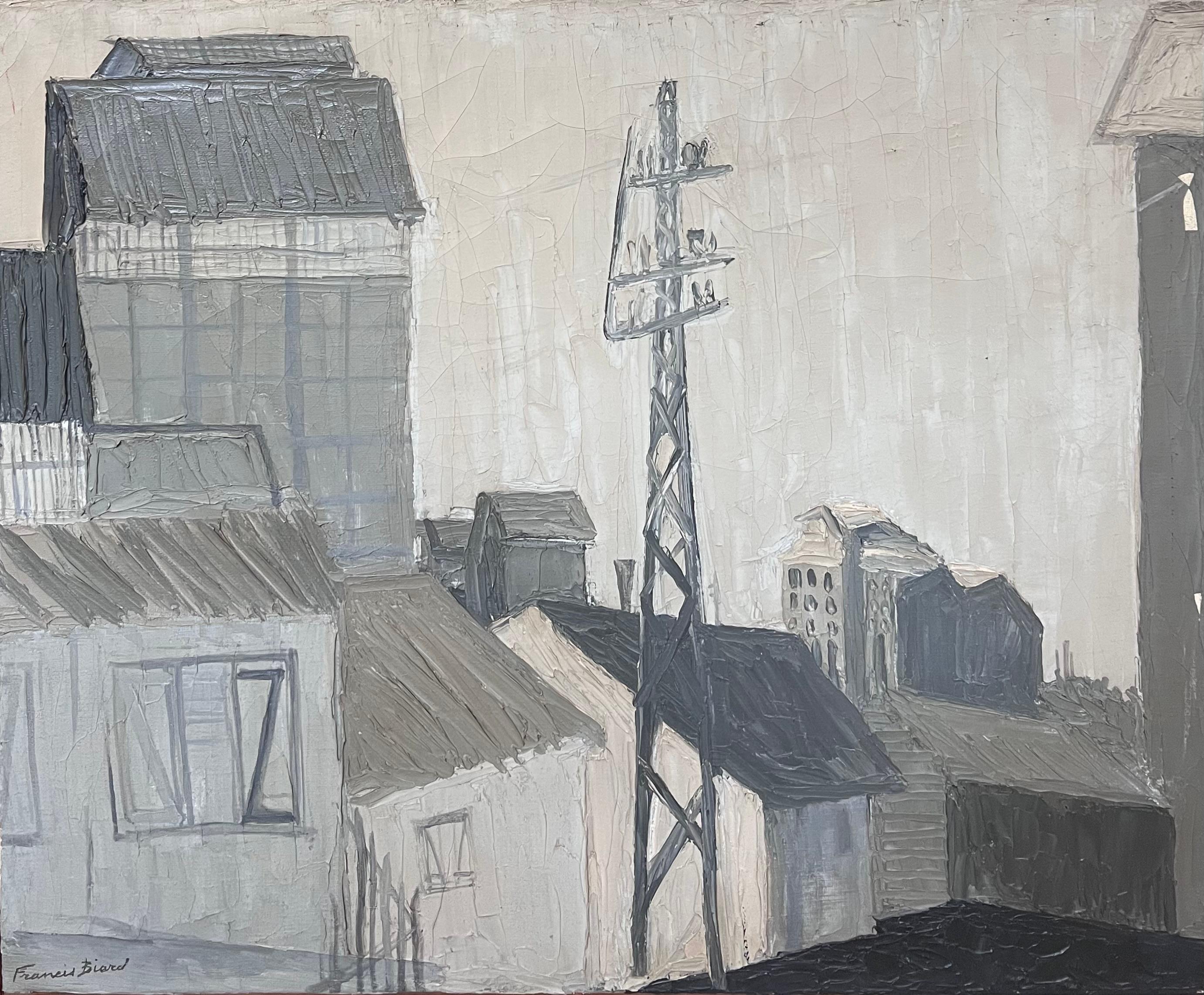 Pittura a olio della metà del 20° secolo, paesaggio industriale francese grigio e atmosferico - Painting di Francis Biard