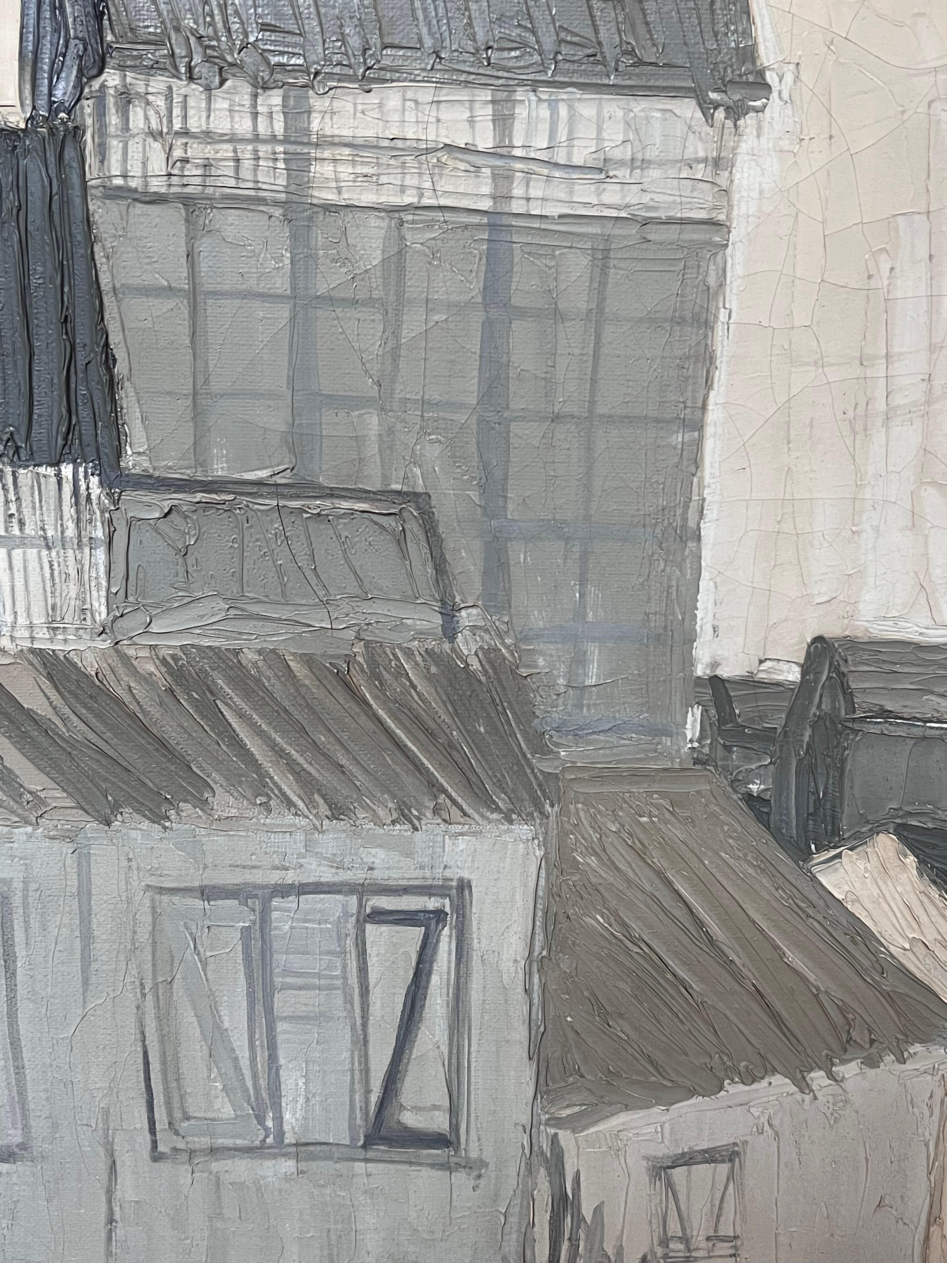 Pittura a olio della metà del 20° secolo, paesaggio industriale francese grigio e atmosferico - Abstract Painting Grigio di Francis Biard