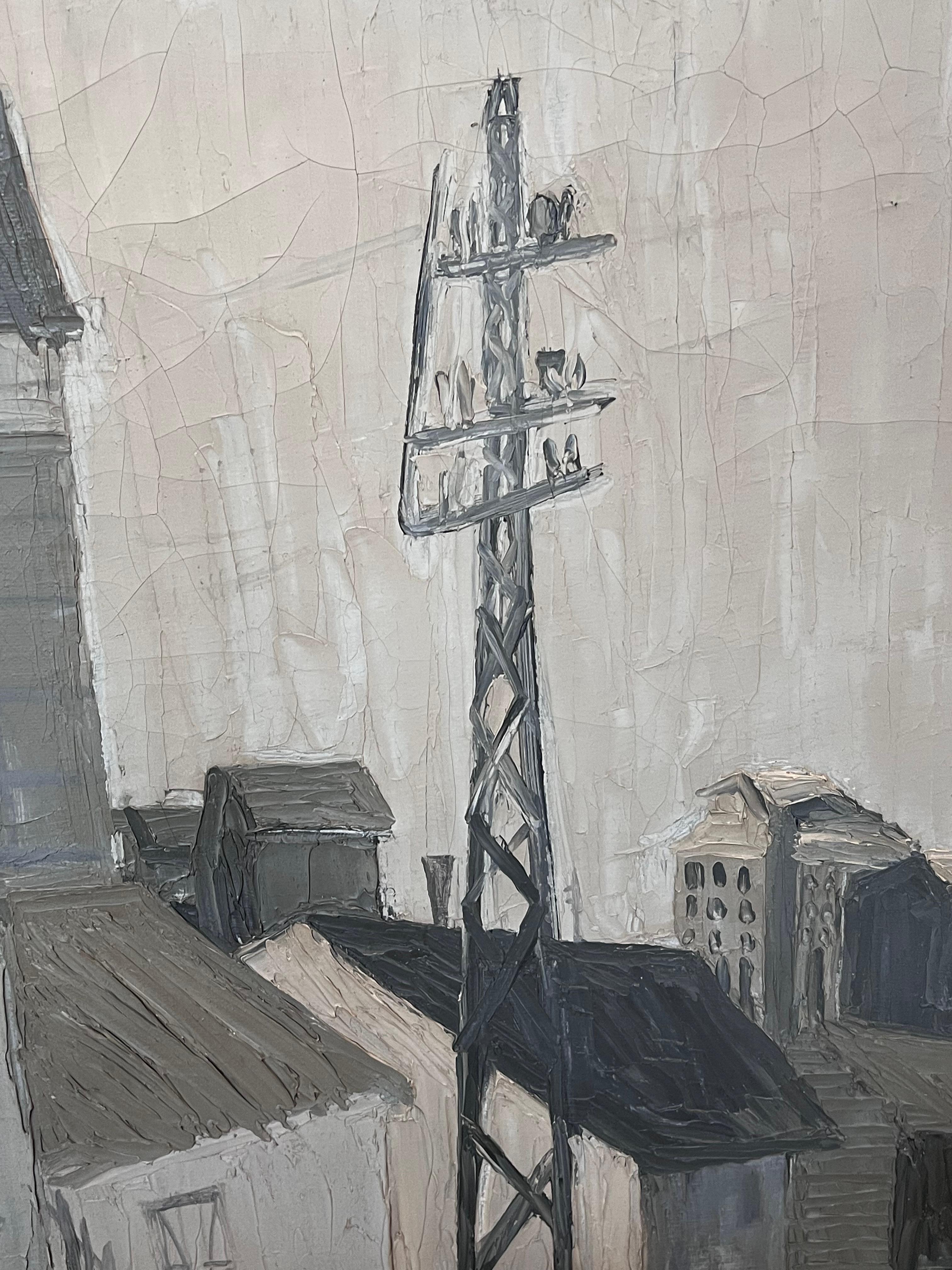 Pittura a olio della metà del 20° secolo, paesaggio industriale francese grigio e atmosferico in vendita 1
