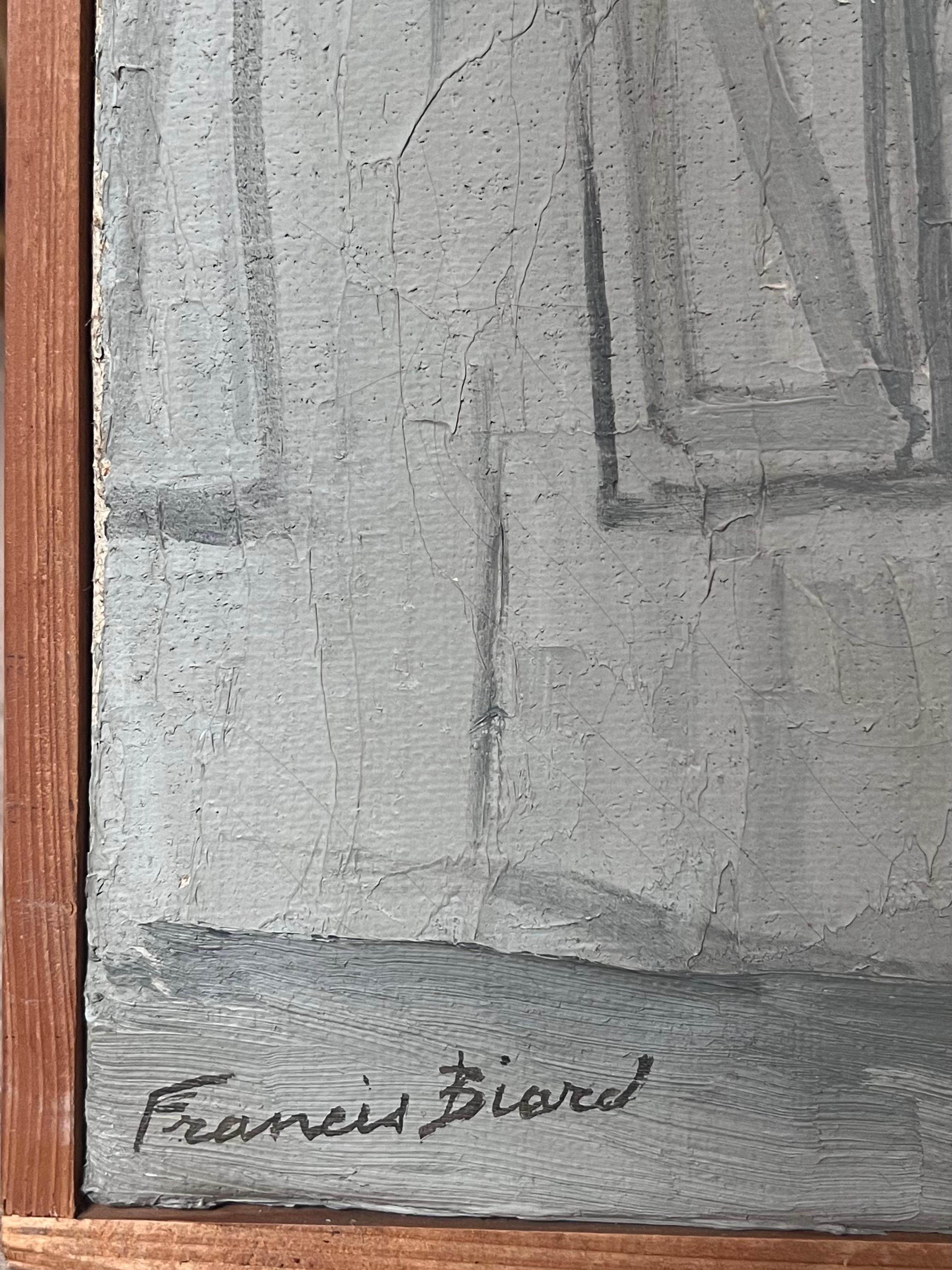 Pittura a olio della metà del 20° secolo, paesaggio industriale francese grigio e atmosferico in vendita 2