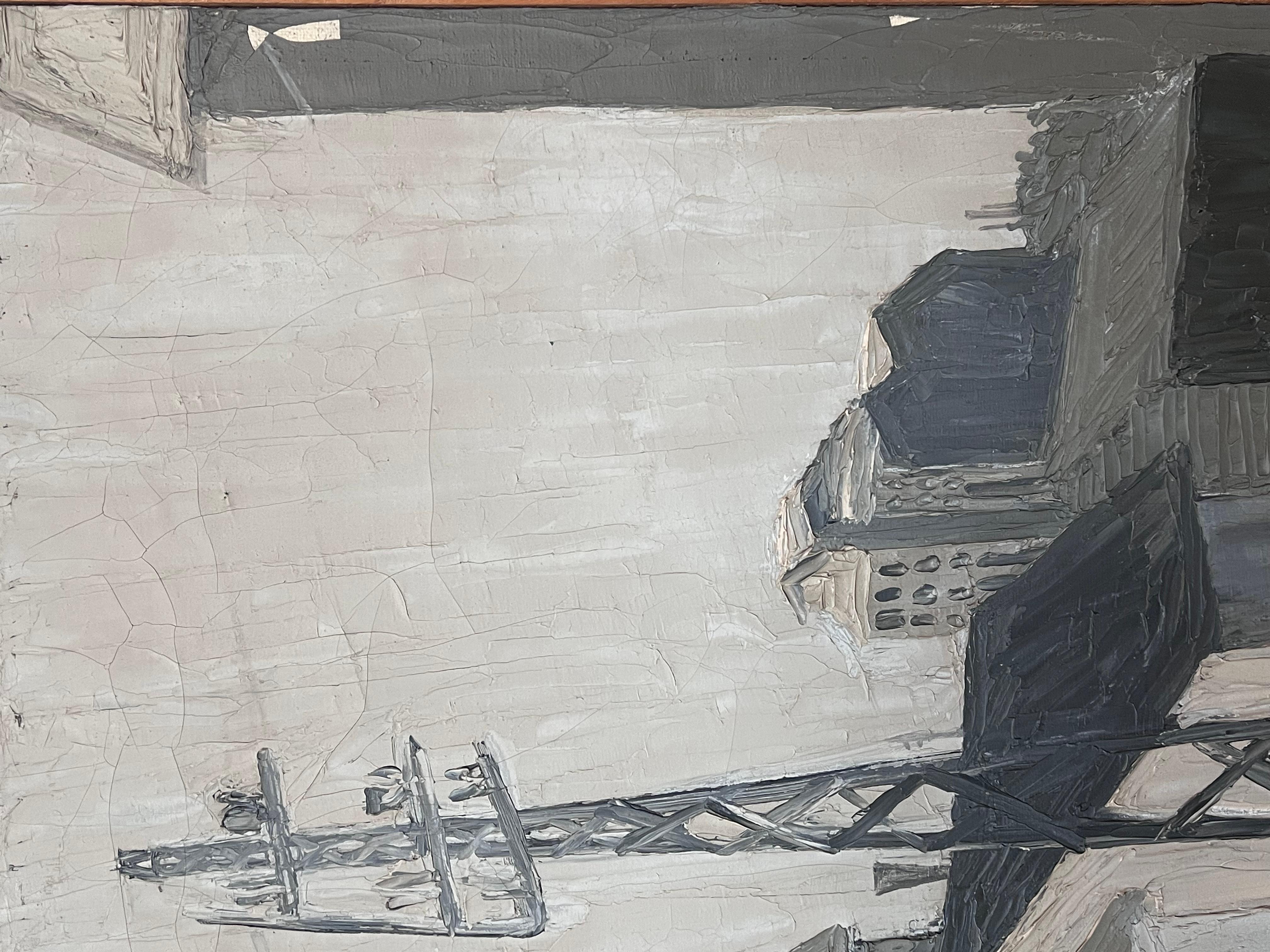 Pittura a olio della metà del 20° secolo, paesaggio industriale francese grigio e atmosferico in vendita 3