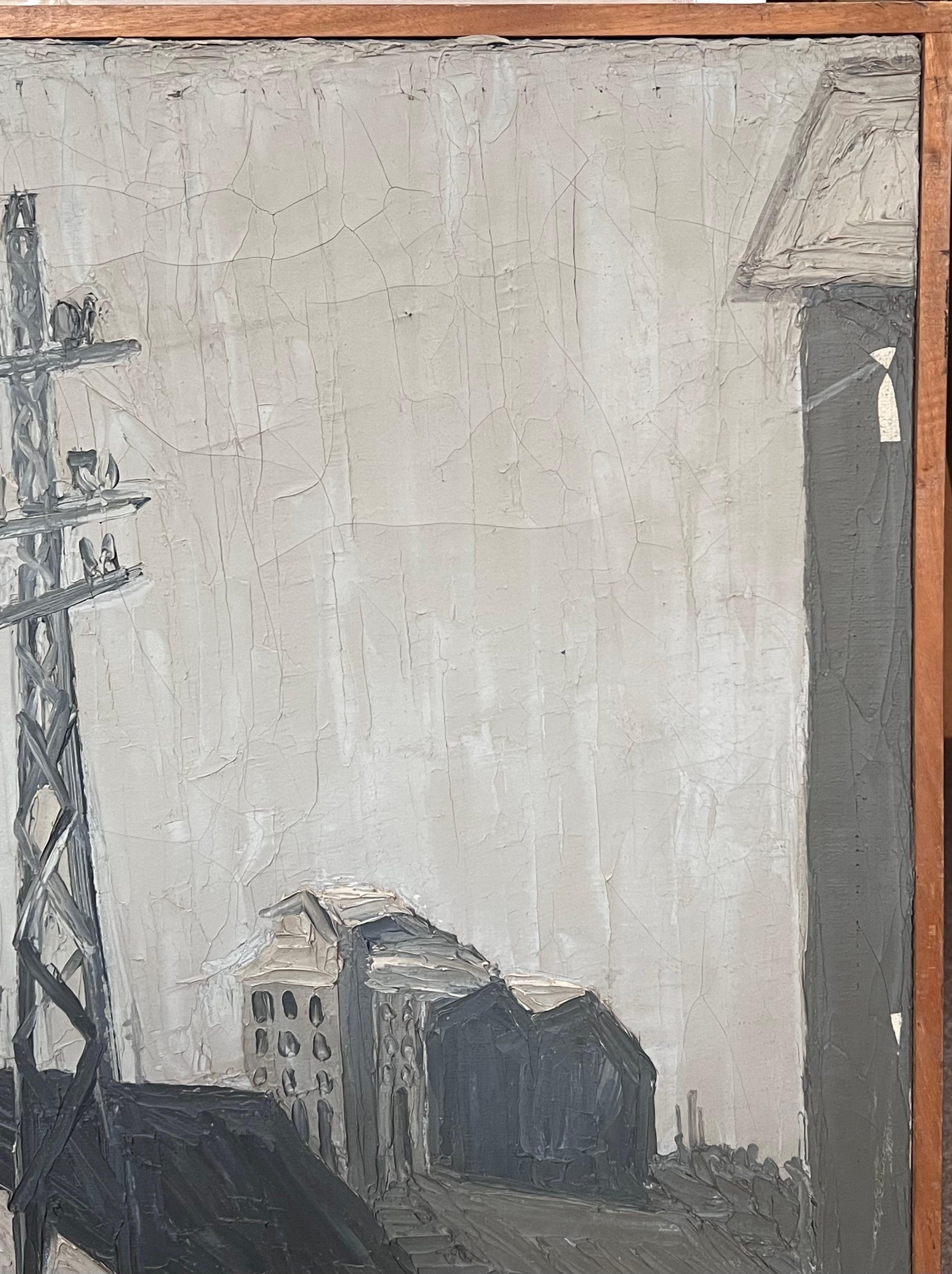 Pittura a olio della metà del 20° secolo, paesaggio industriale francese grigio e atmosferico in vendita 4