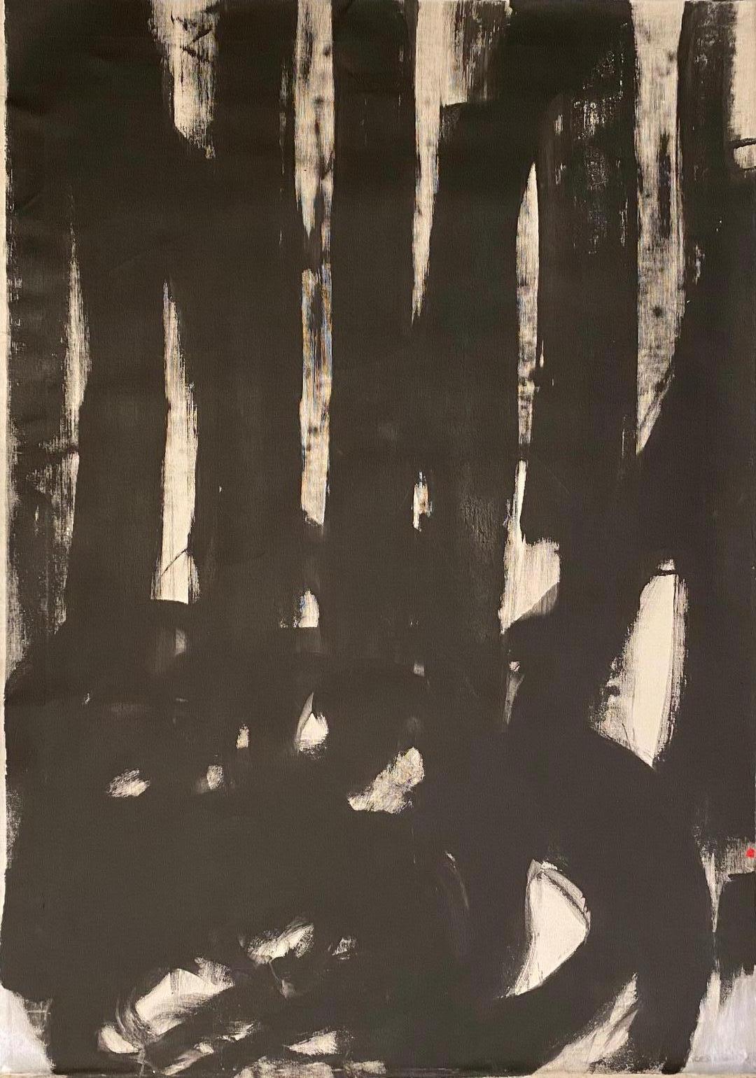Abstract Painting Francis Bildner - ""Vertical""  Acrylique abstraite noire et blanche sur toile 32,5"" x 45" par Frances