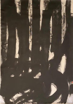 ""Vertical""  Acrylique abstraite noire et blanche sur toile 32,5"" x 45" par Frances