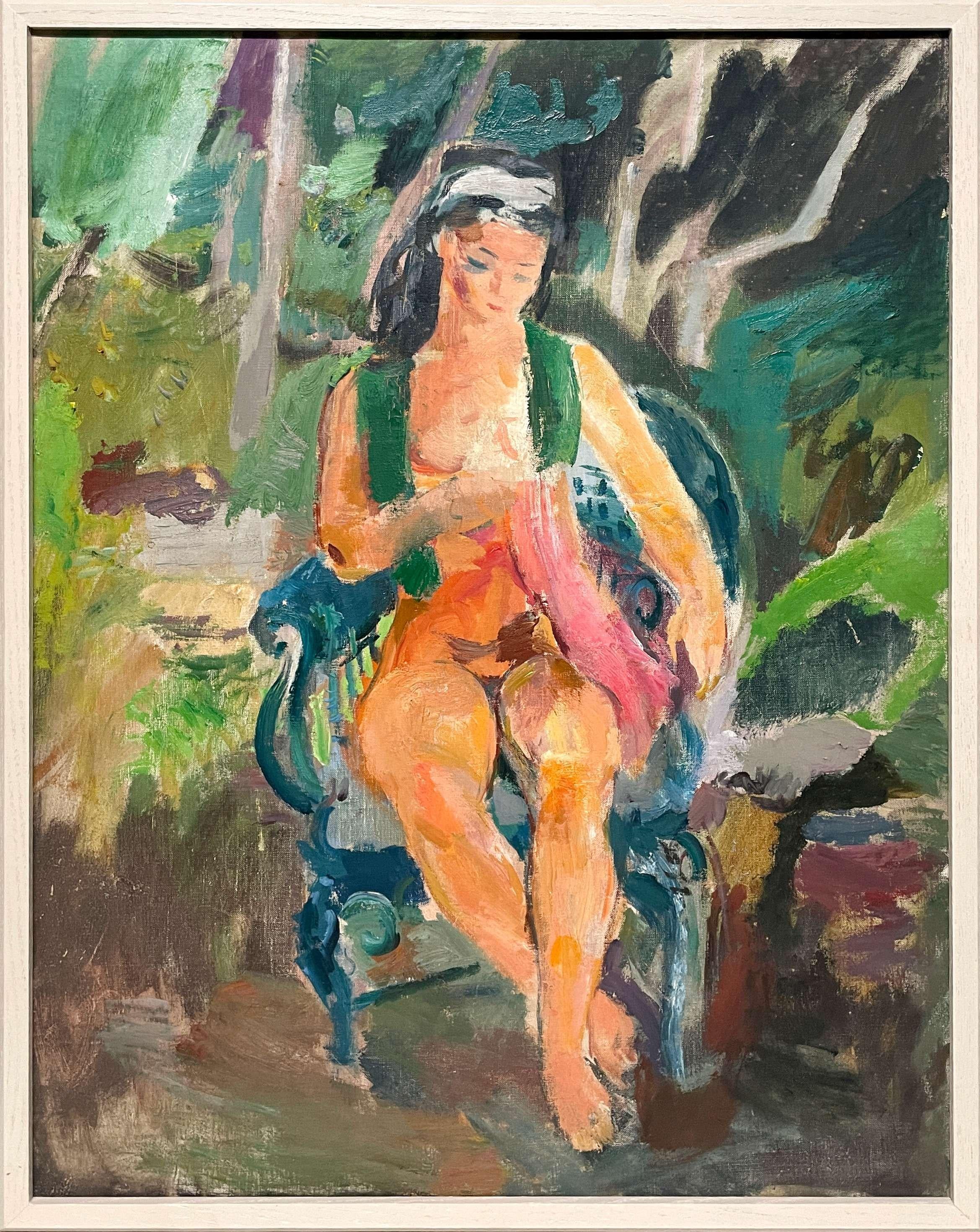Un dipinto del 1940 raffigurante un nudo femminile seduto in un paesaggio estivo, Scuola Ox-Bow - Painting di Francis Chapin