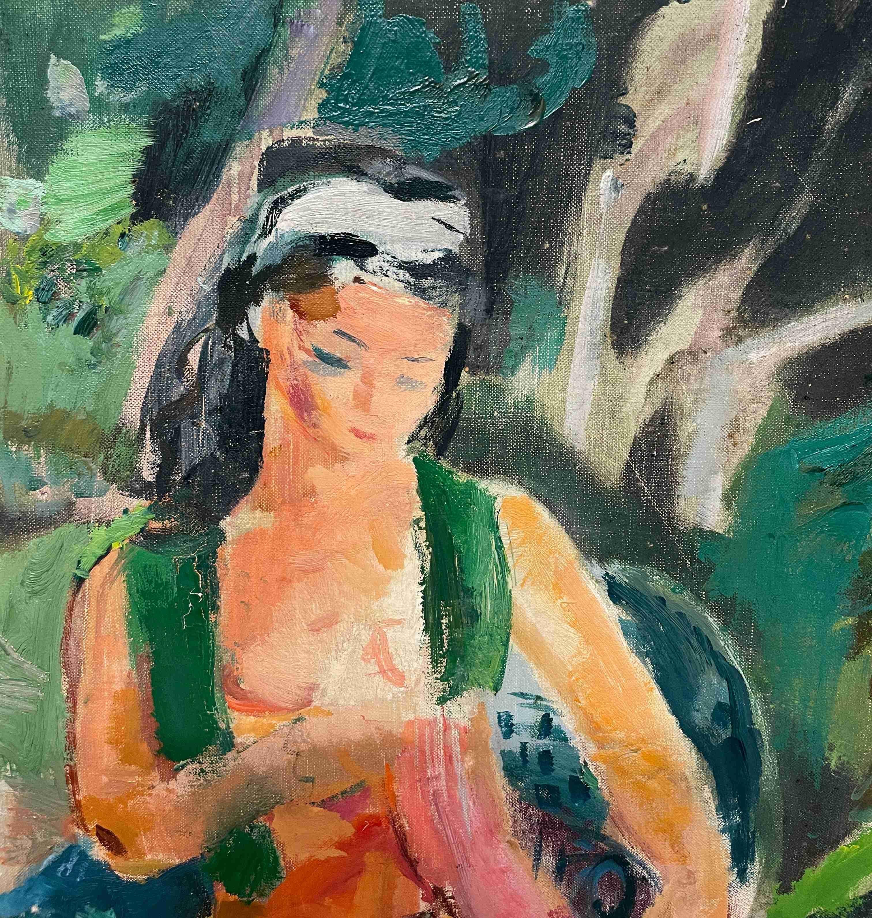 Un dipinto del 1940 raffigurante un nudo femminile seduto in un paesaggio estivo, Scuola Ox-Bow - Figurative Painting Grigio di Francis Chapin