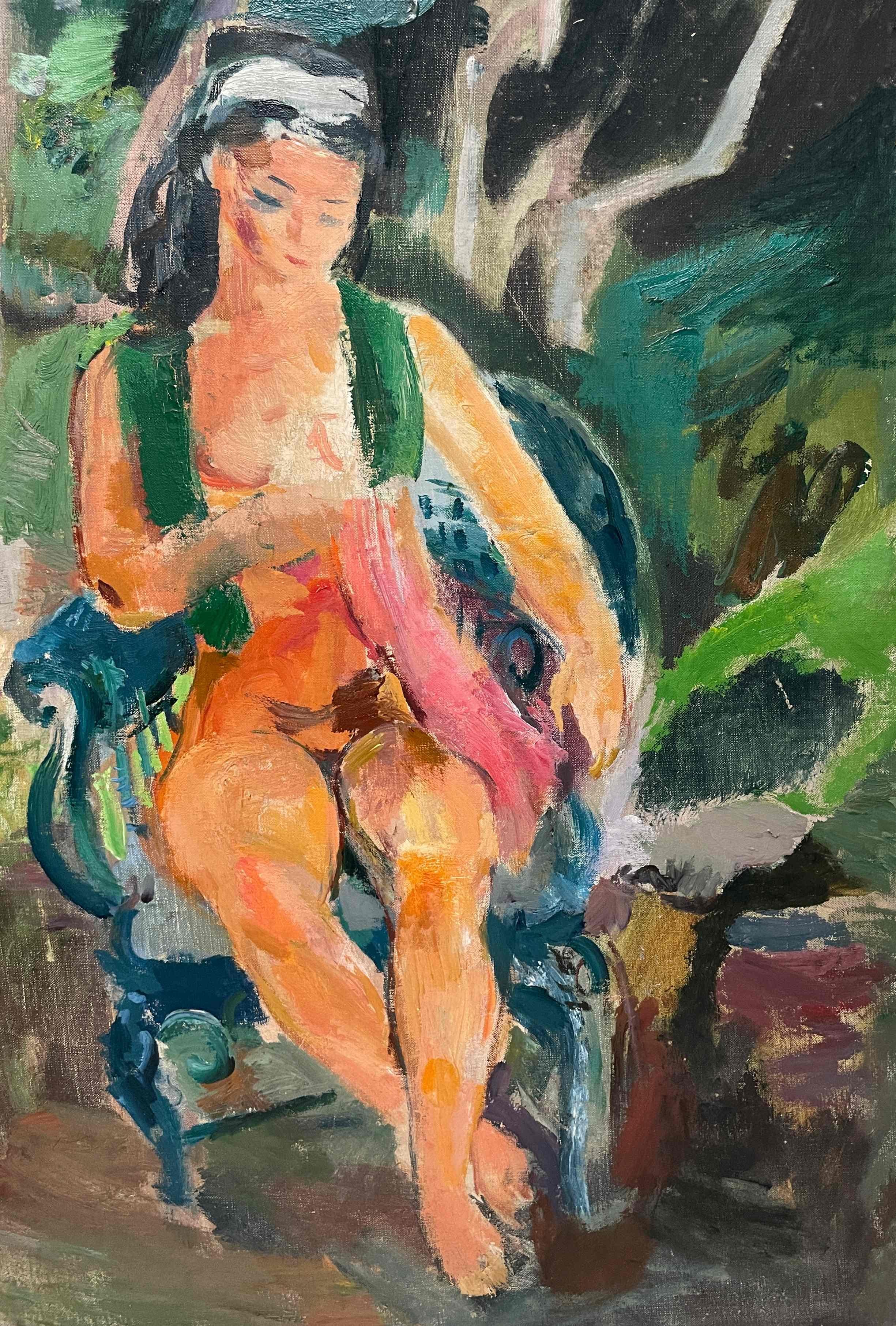 Un bellissimo dipinto degli anni '40 raffigurante un nudo femminile seduto in un paesaggio estivo, opera del famoso artista di Chicago Francis Chapin (Am. 1899-1965).  Dipinto alla Oxbow School di Saugatuck, nel Michigan, il quadro mostra la grande