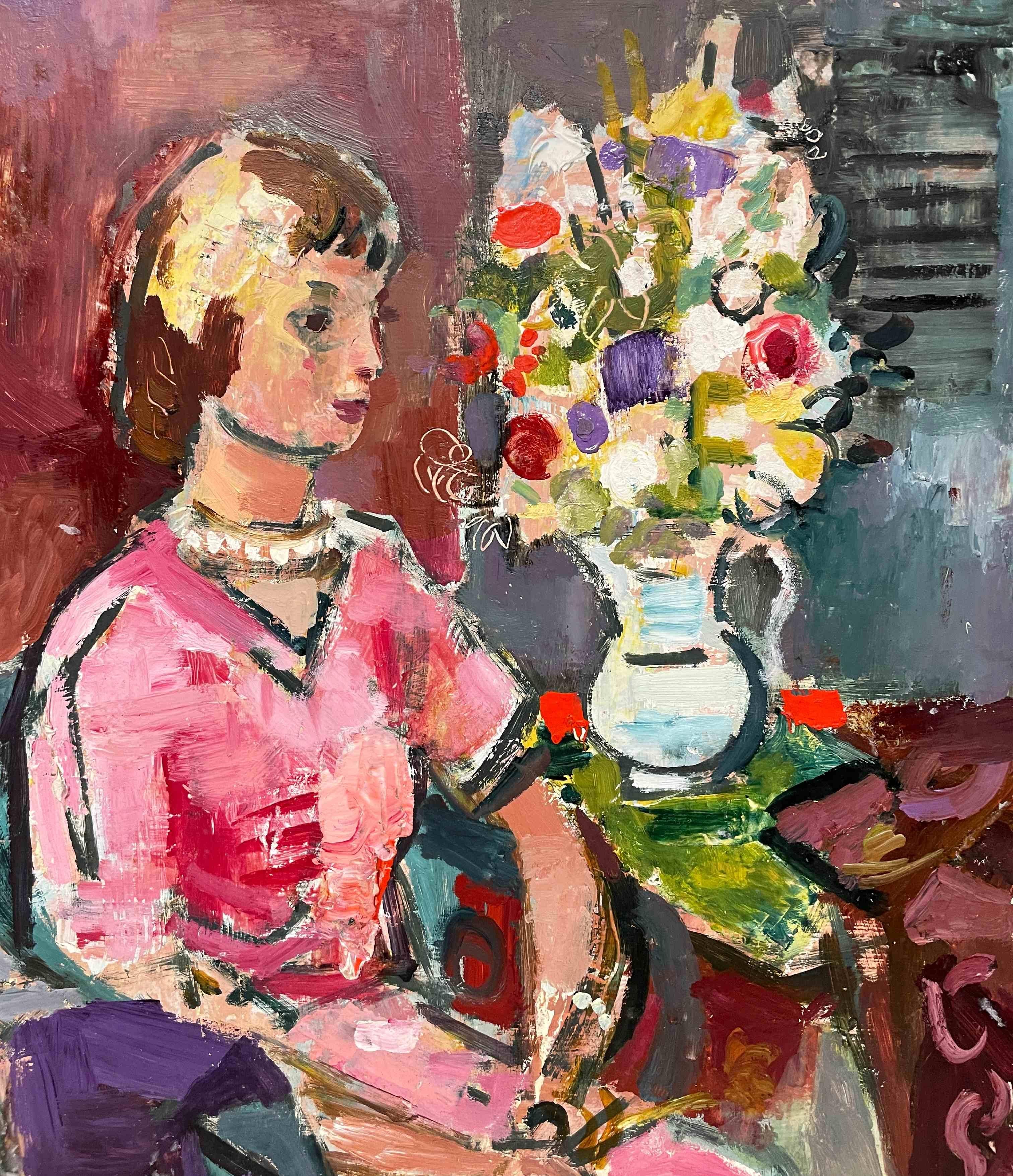 A beautiful, colorful Mid-Century Modern portrait of a seated young woman in a pink dress by famed Chicago Modern artist, Francis Chapin.  A fashionably dressed, young model is seated beside a vibrant still life of spring flowers, surrounded by a