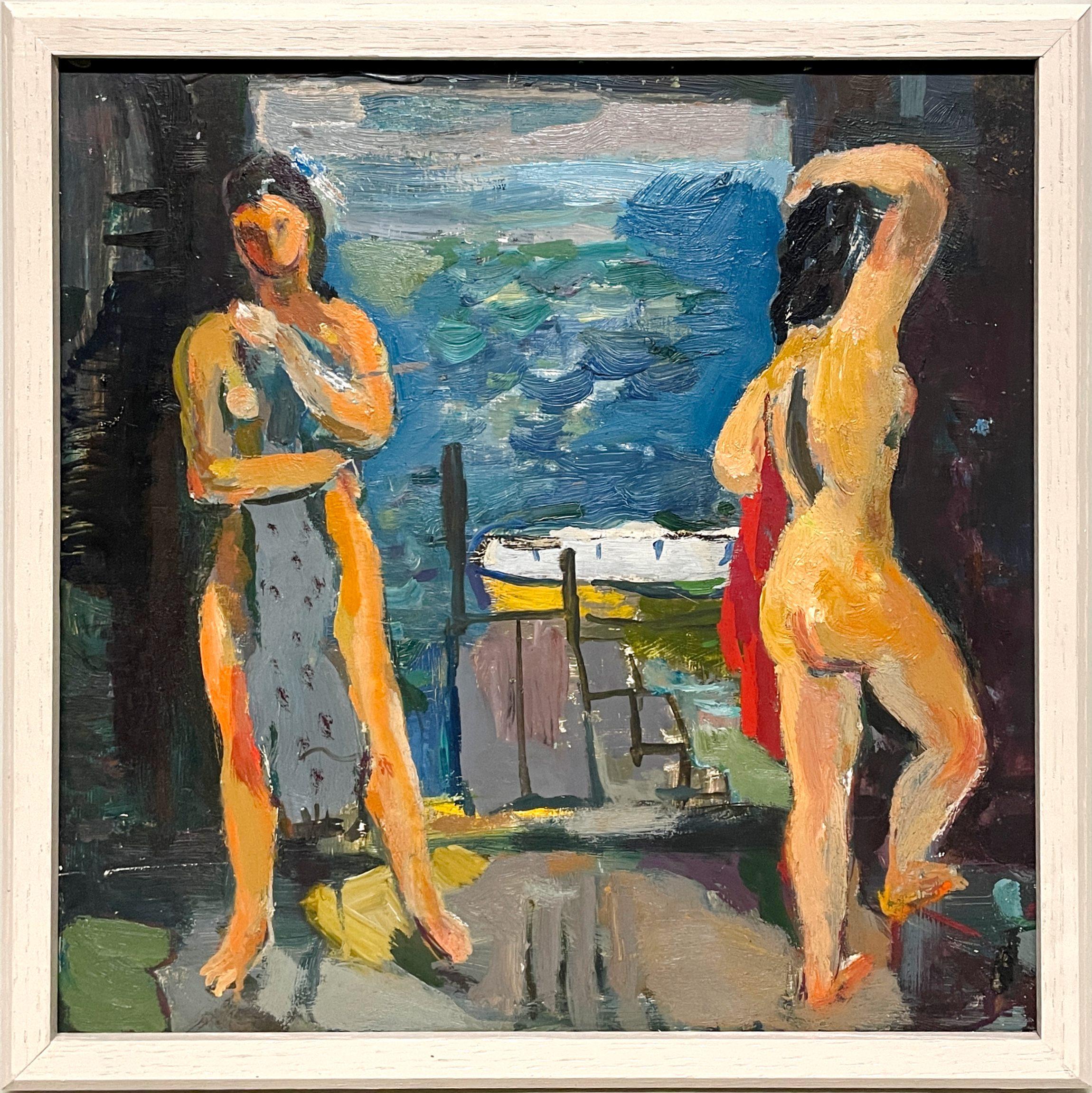 Un bellissimo quadro di figura moderno, Due bagnanti in una casa galleggiante di Francis Chapin in vendita 1