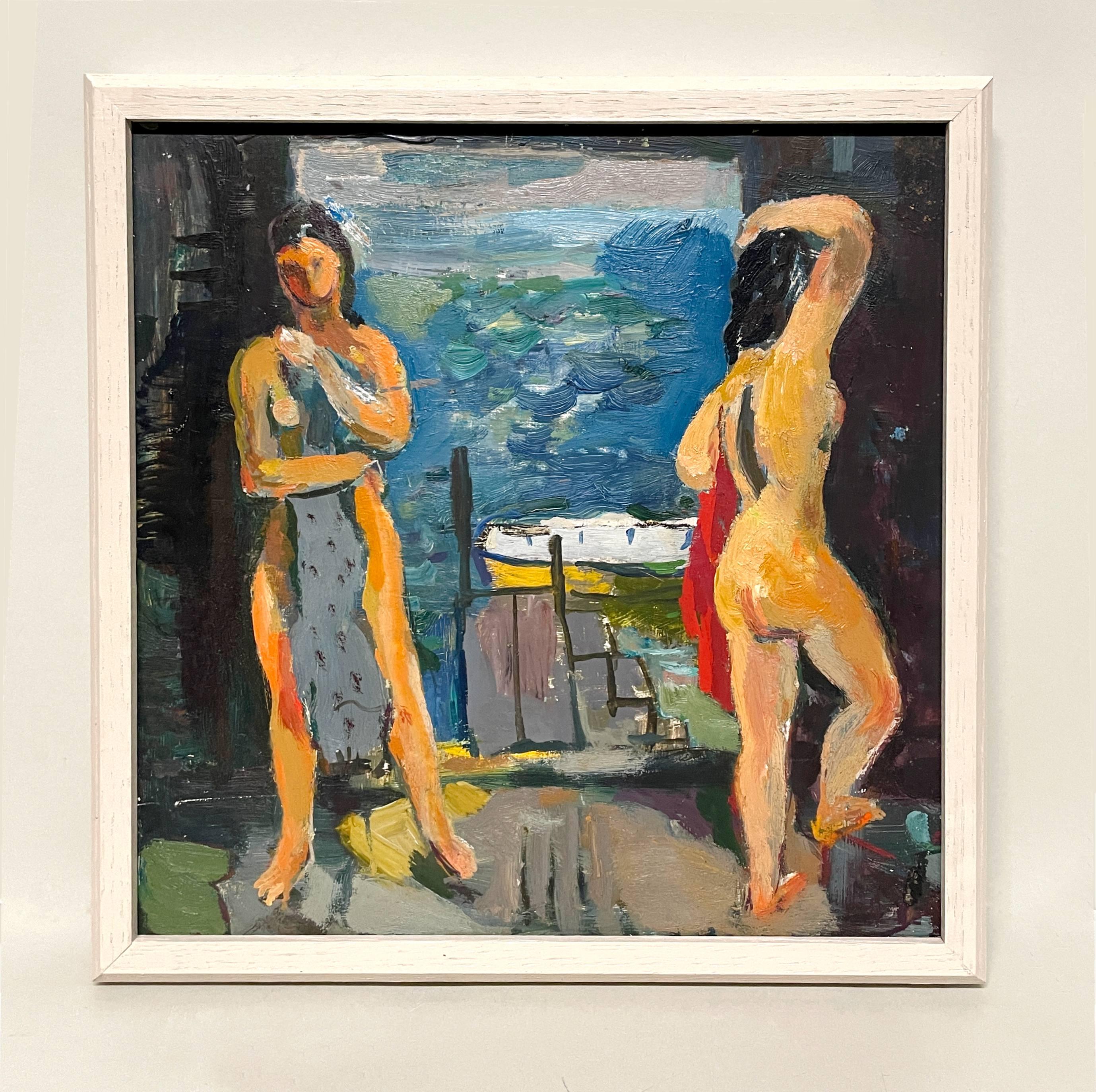 Un bellissimo quadro di figura moderno, Due bagnanti in una casa galleggiante di Francis Chapin in vendita 2