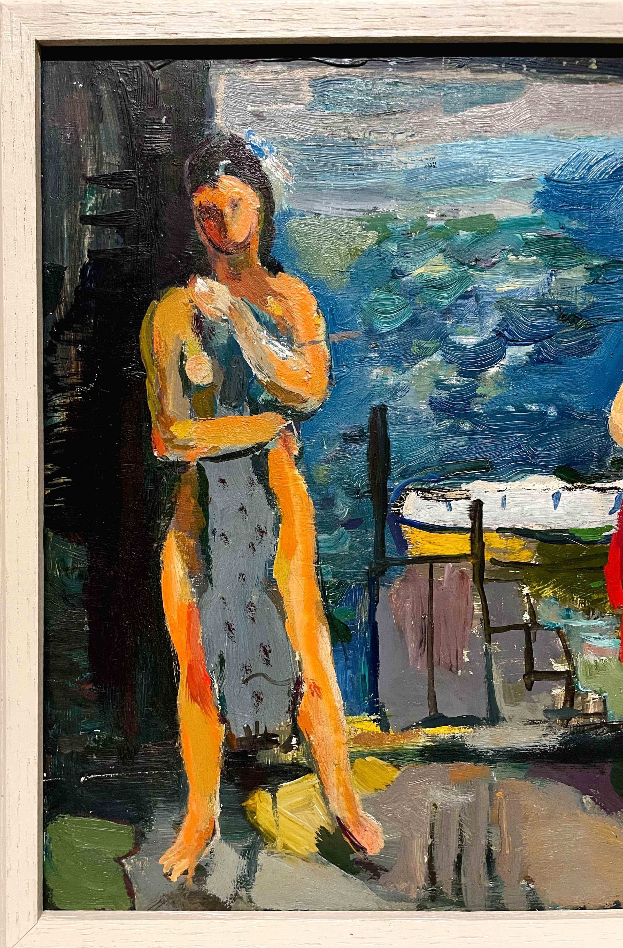 Un bellissimo quadro di figura moderno, Due bagnanti in una casa galleggiante di Francis Chapin in vendita 3
