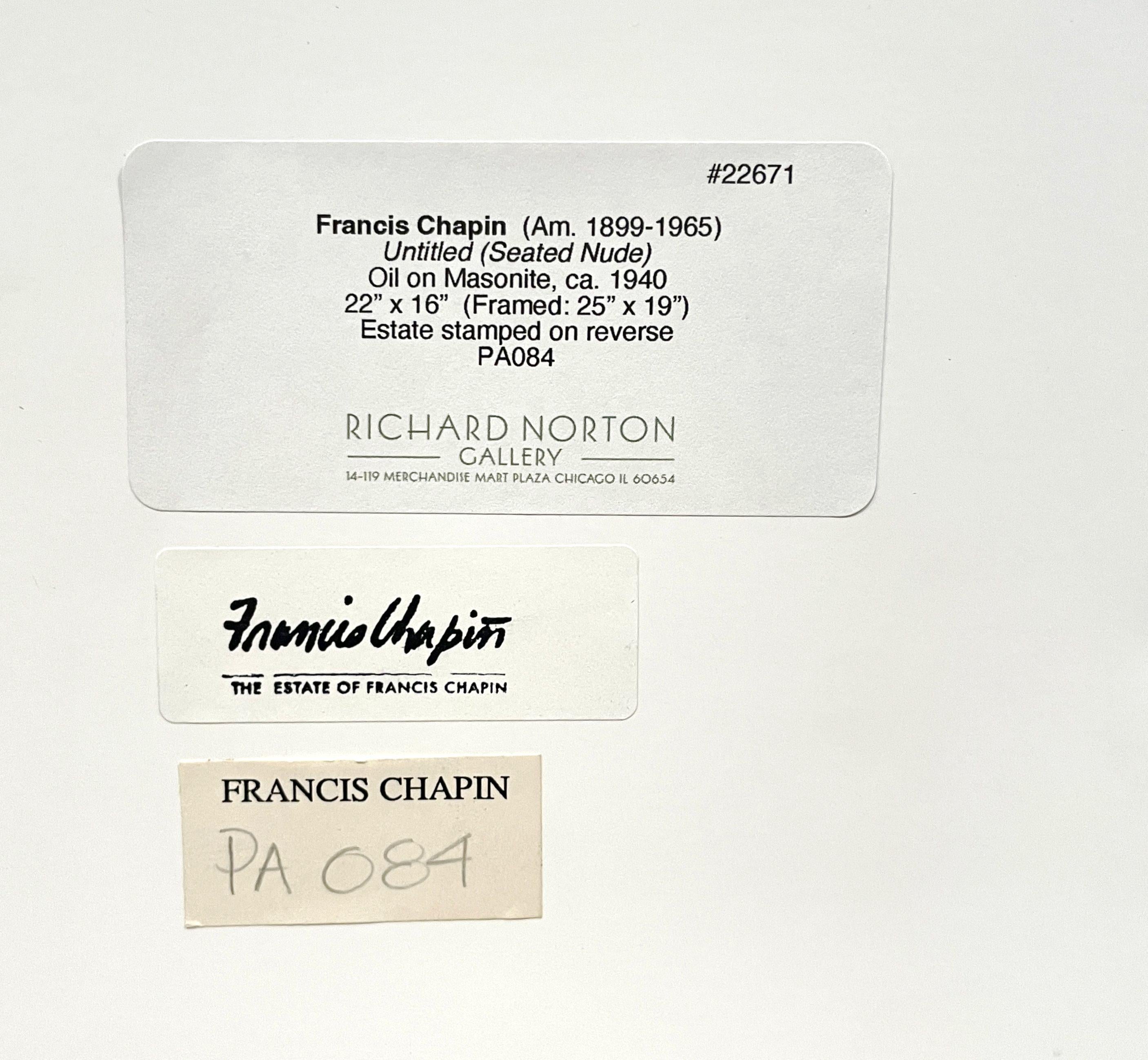 Une captivante peinture moderne des années 1940 représentant un nu féminin assis, réalisée par Francis Chapin en vente 7