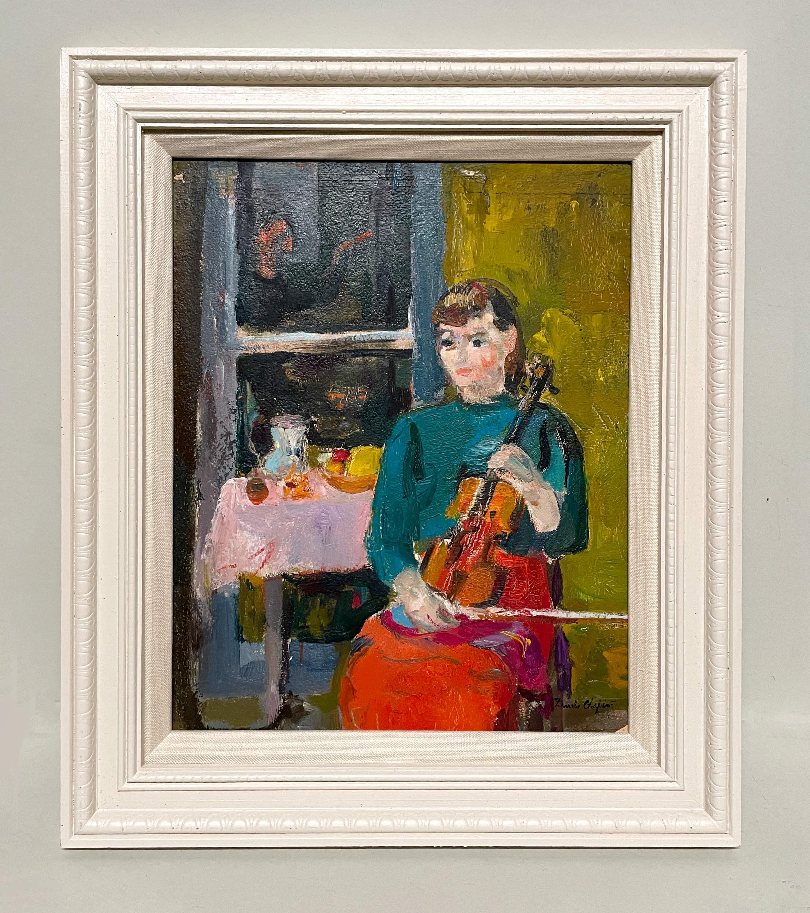 Ein charmantes, modernes Ölgemälde aus den 1930er Jahren - Studio-Szene, junge Frau mit Geige – Painting von Francis Chapin