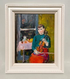 A Charming, 1930s Modern Oil Painting- Studio Scene, Young Woman with Violin
