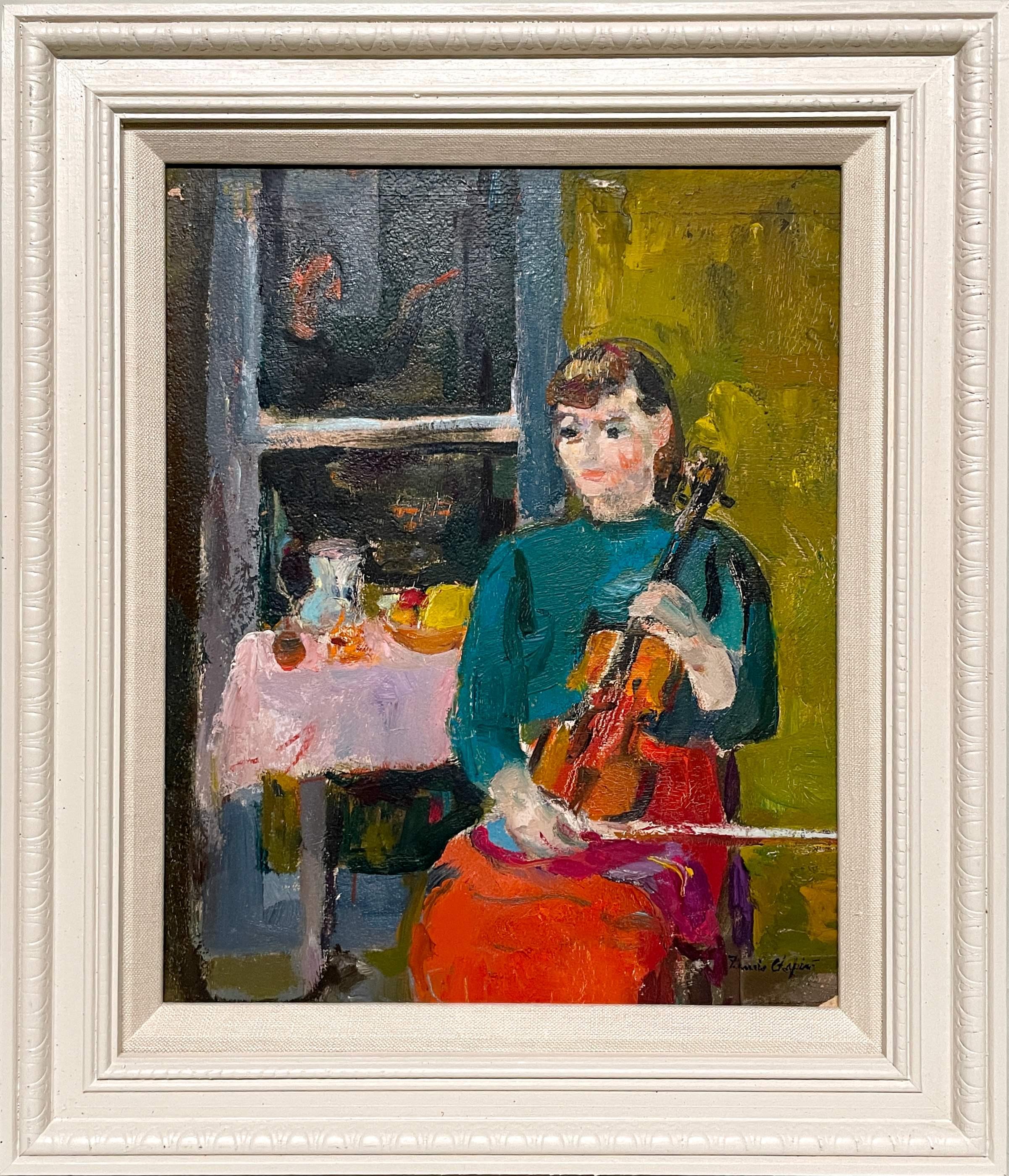 Ein charmantes, modernes Ölgemälde aus den 1930er Jahren - Studio-Szene, junge Frau mit Geige (Amerikanische Moderne), Painting, von Francis Chapin