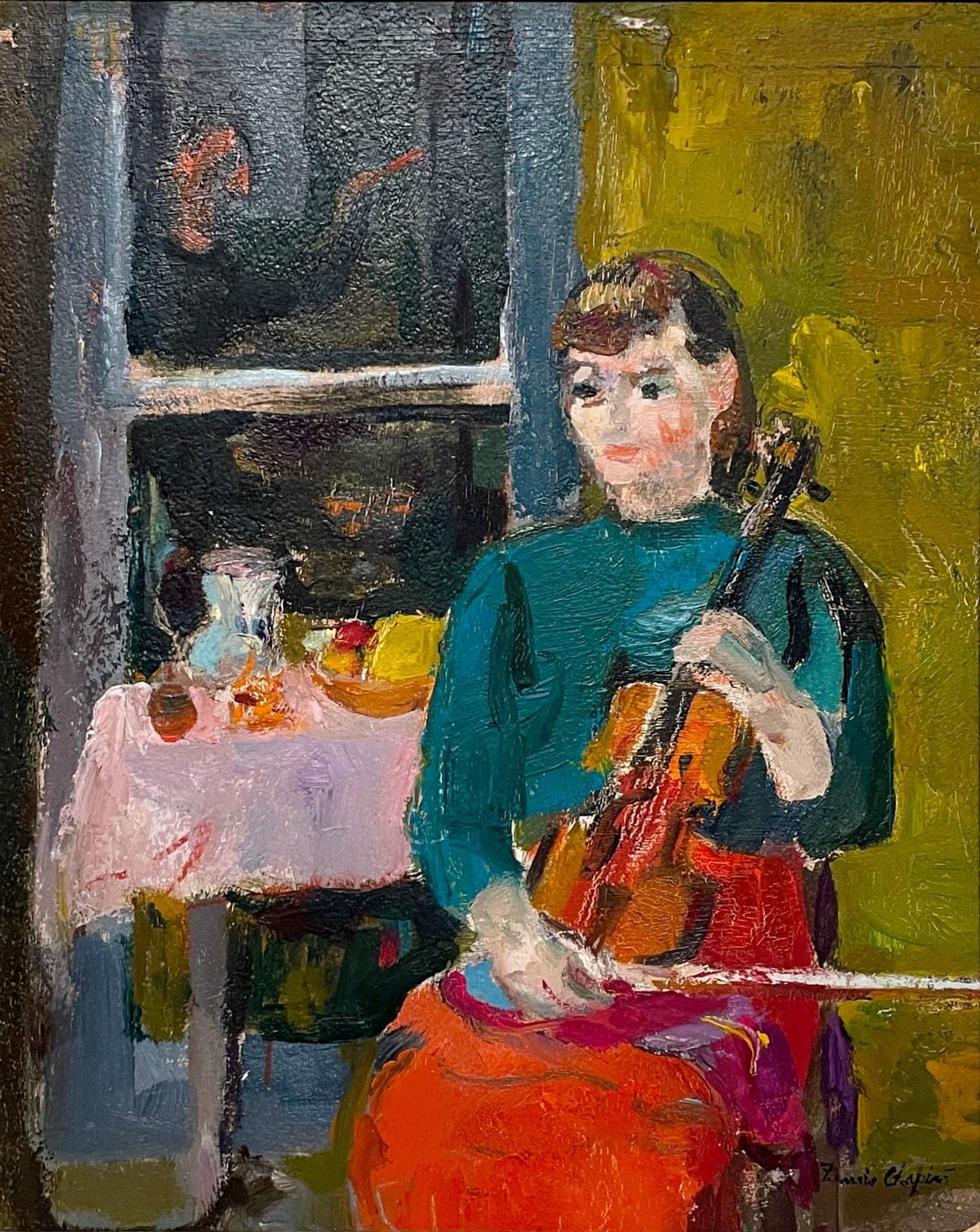 Ein charmantes, modernes Ölgemälde aus den 1930er Jahren - Studio-Szene, junge Frau mit Geige (Braun), Figurative Painting, von Francis Chapin