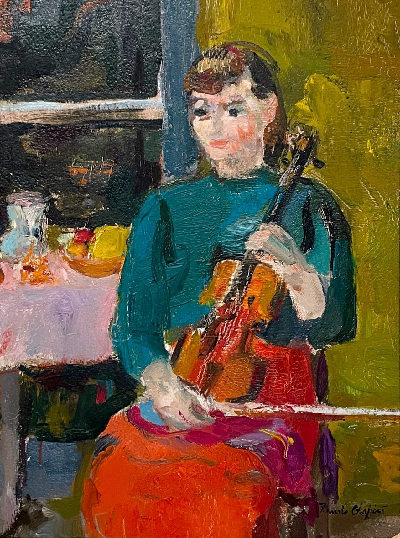 Eine charmante, 1930er Jahre moderne Studio-Szene Gemälde einer jungen Frau mit Violine von namhaften Chicagoer Künstler, Francis Chapin (Am. 1899-1965).  Größe des Kunstwerks:  12 3/4