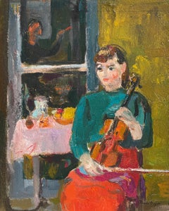 Charmante peinture à l'huile moderne des années 1930 - Scène de studio, jeune femme avec violon