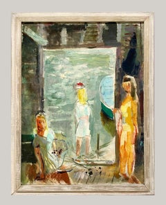 A Charming 1940s Summer Harbor Scene of Saugatuck, Michigan, Bathers & Boathouse