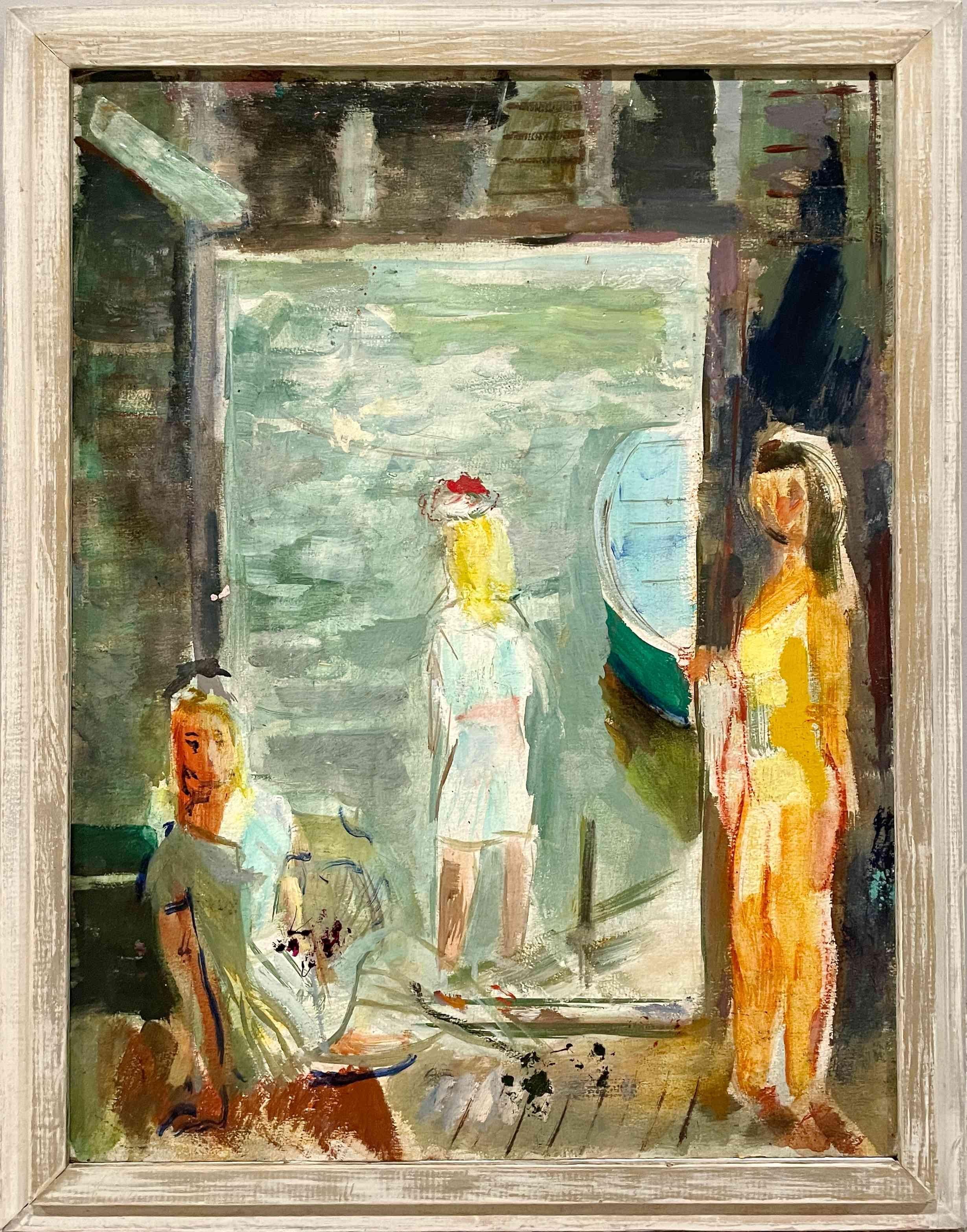 Francis Chapin Figurative Painting - A Charming 1940s Summer Harbor Scene of Saugatuck, Michigan, Bathers & Boathouse
