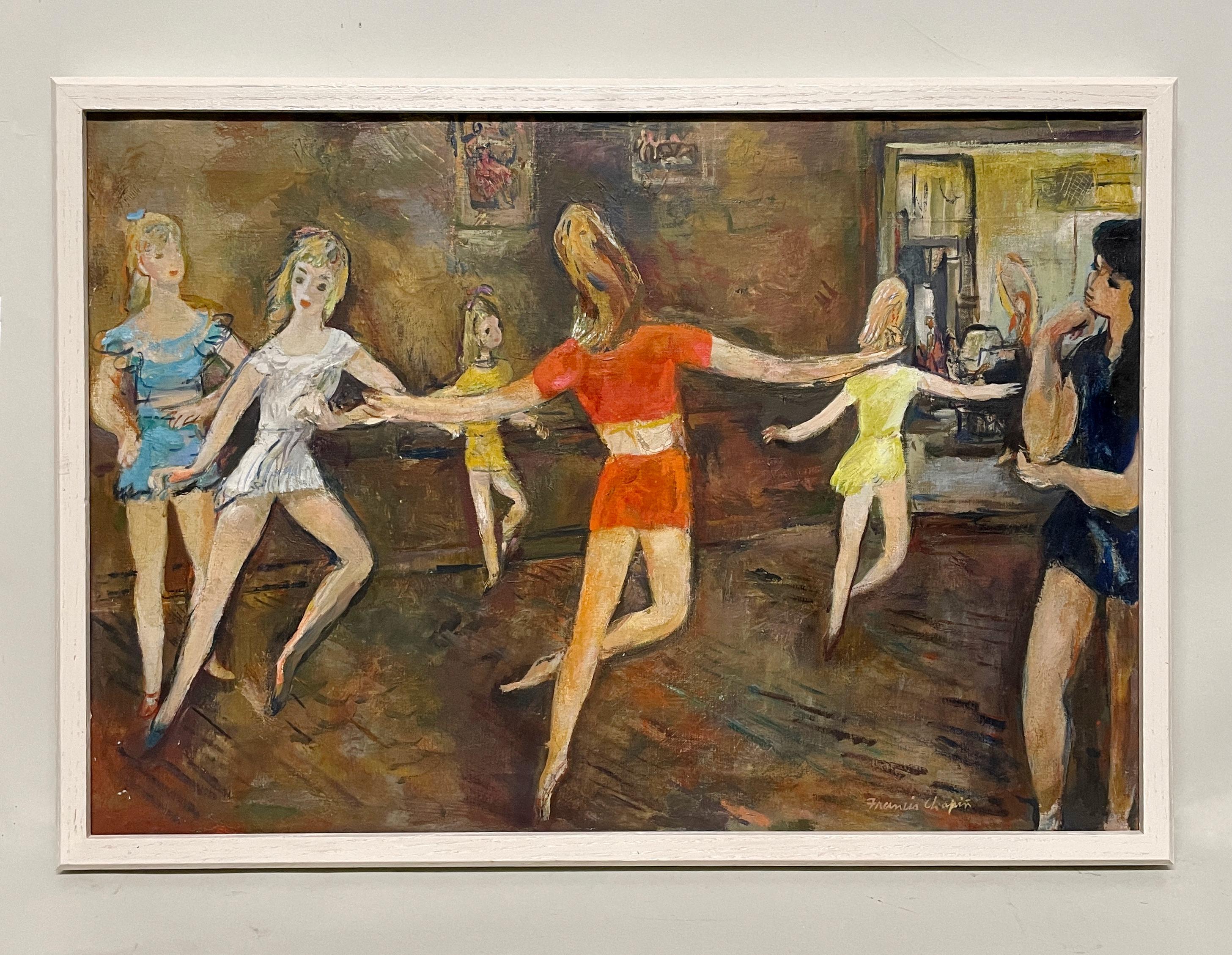 A Charming, 1950s Mid-Century Modern Painting, Ballet Dance Class, Studio Scene - Marron Figurative Painting par Francis Chapin