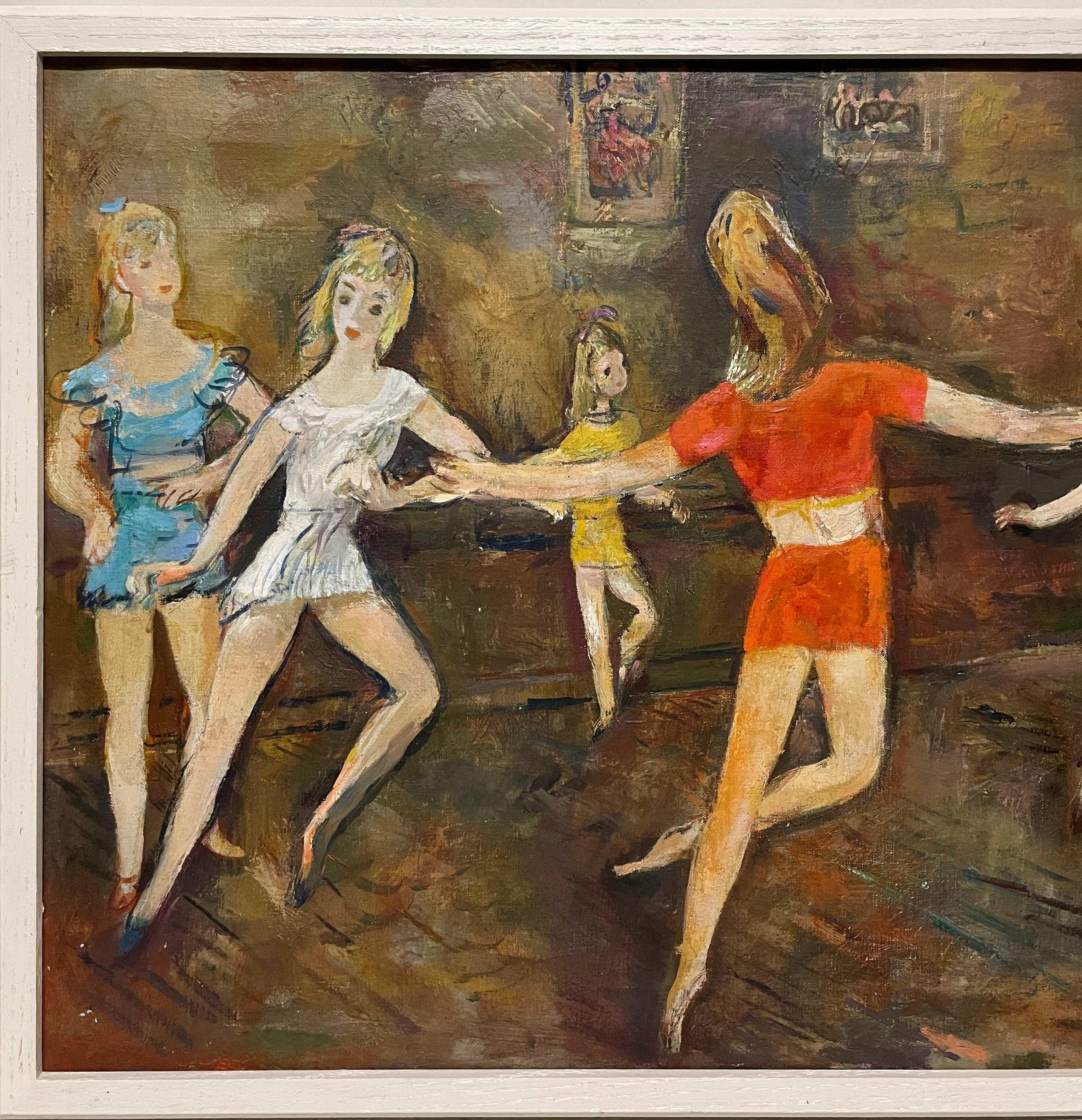 A Charming, 1950s Mid-Century Modern Studio Scene Painting of a Young Girl's Ballet Dance Class by Notable Chicago Artist, Francis Chapin (Am. 1899-1965).  Artwork size:  18” x 26”, oil on canvas, (Framed size: 19” x 27”).  Signed 