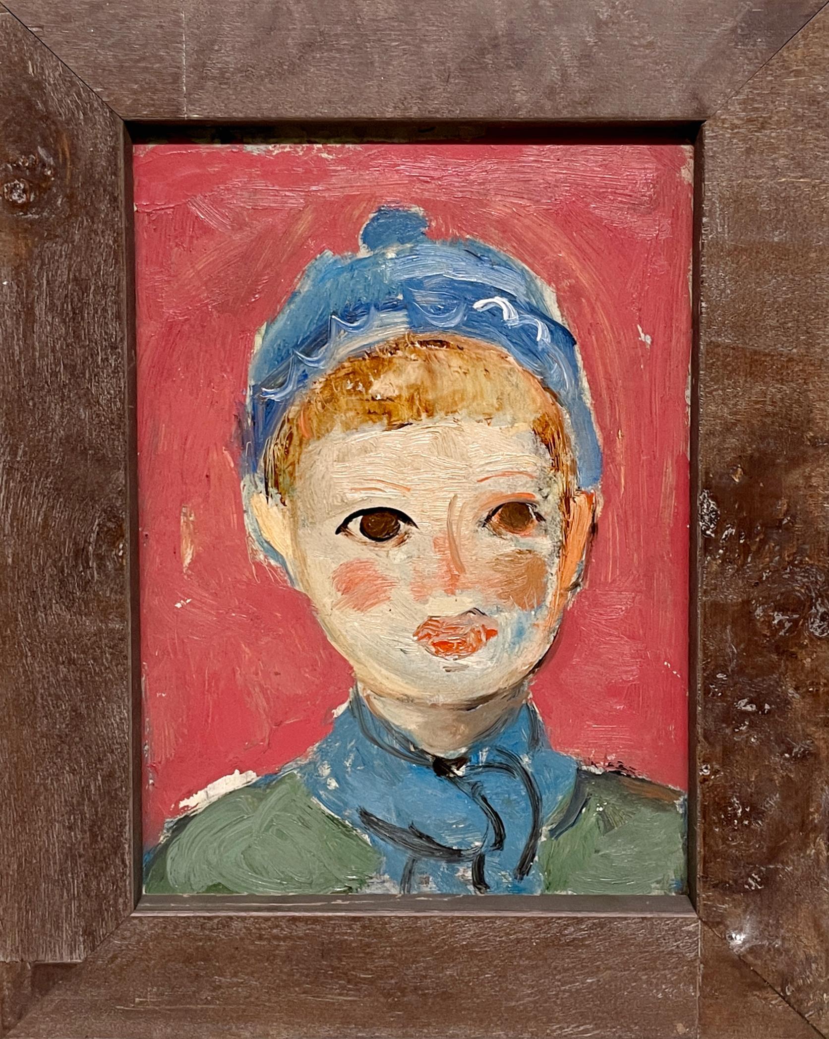 Charmant portrait d'un jeune garçon au chapeau bleu, datant des années 1950, The Moderns - Modernisme américain Painting par Francis Chapin