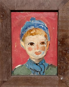 Un affascinante ritratto Mid-Century Modern degli anni '50 di un ragazzo con un cappello blu