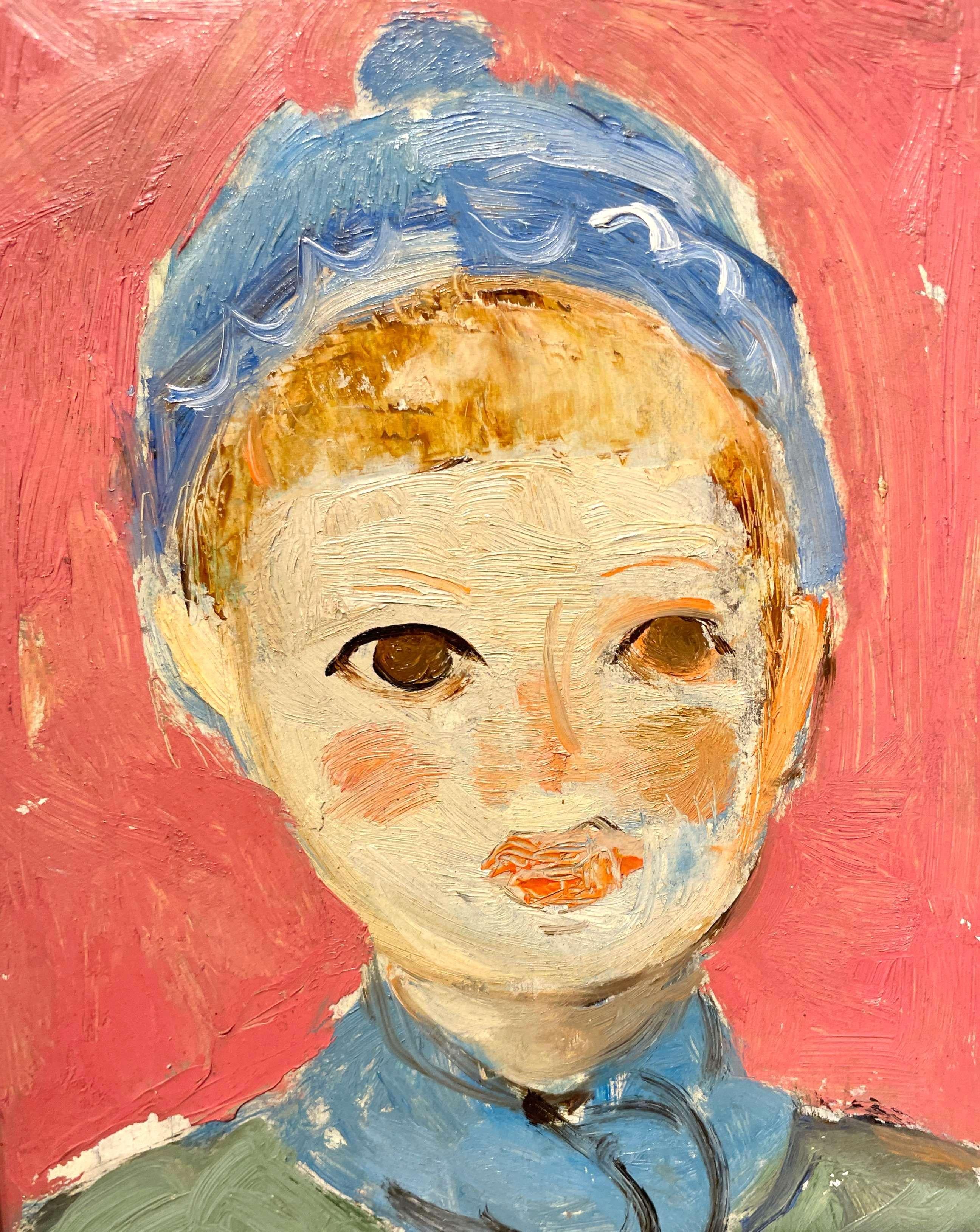 Charmant portrait d'un jeune garçon au chapeau bleu, datant des années 1950, The Moderns - Marron Portrait Painting par Francis Chapin
