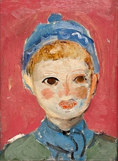 A Charming, 1950s Mid-Century Modern Portrait of a Young Boy in Blue Hat