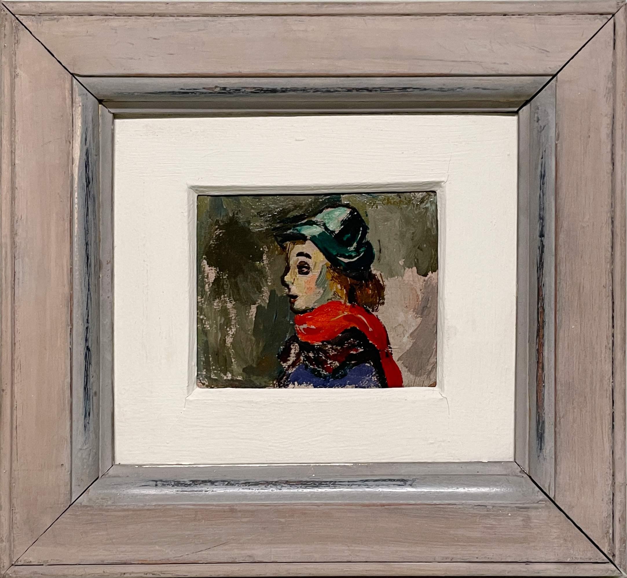 Charmant portrait moderniste des années 1950, jeune fille à l'écharpe rouge par Francis Chapin en vente 2