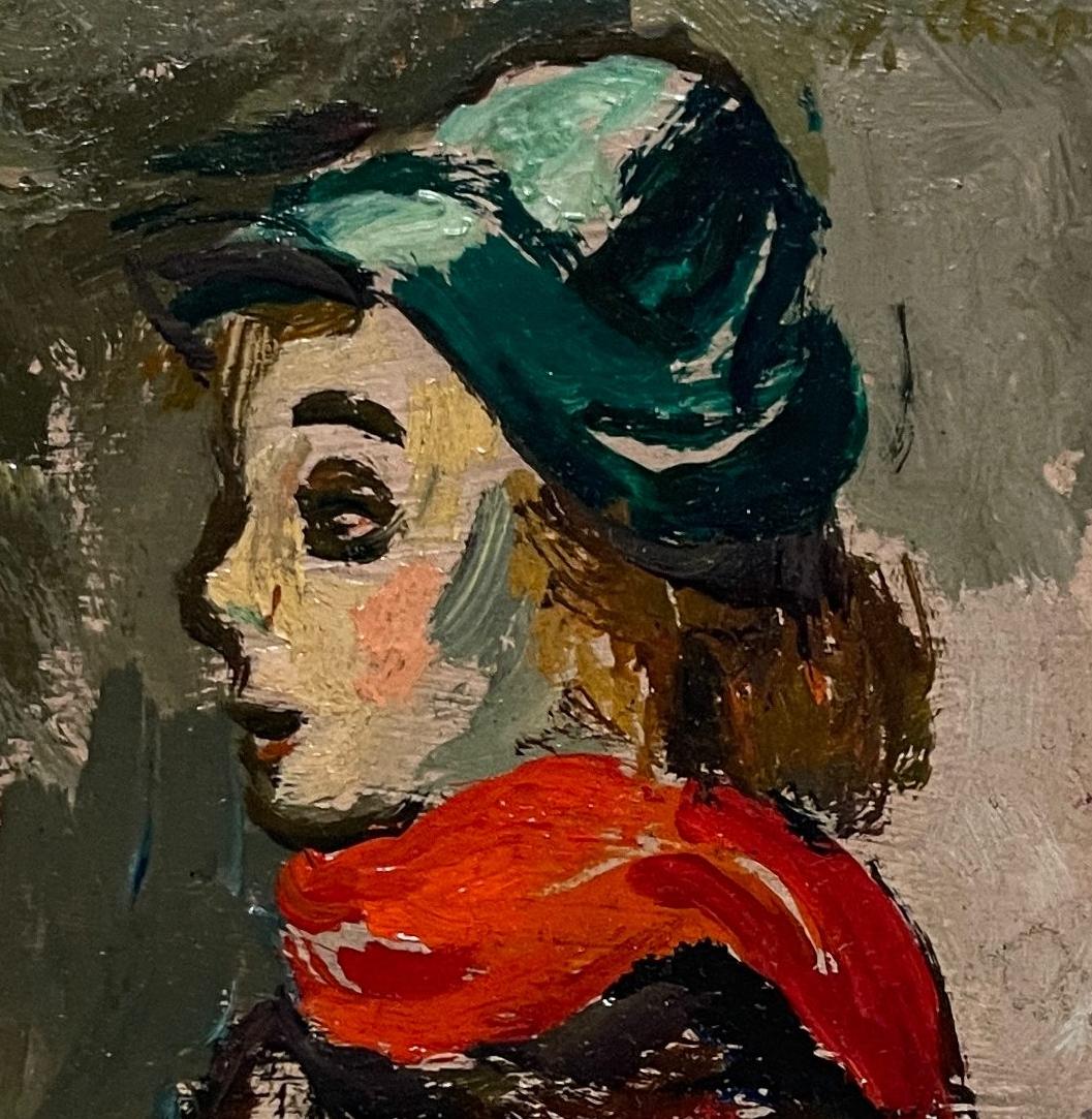 Charmant portrait moderniste des années 1950, jeune fille à l'écharpe rouge par Francis Chapin en vente 4