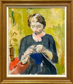 A Charming, Colorful 1930s Painting of a Young Woman Knitting by Francis Chapin