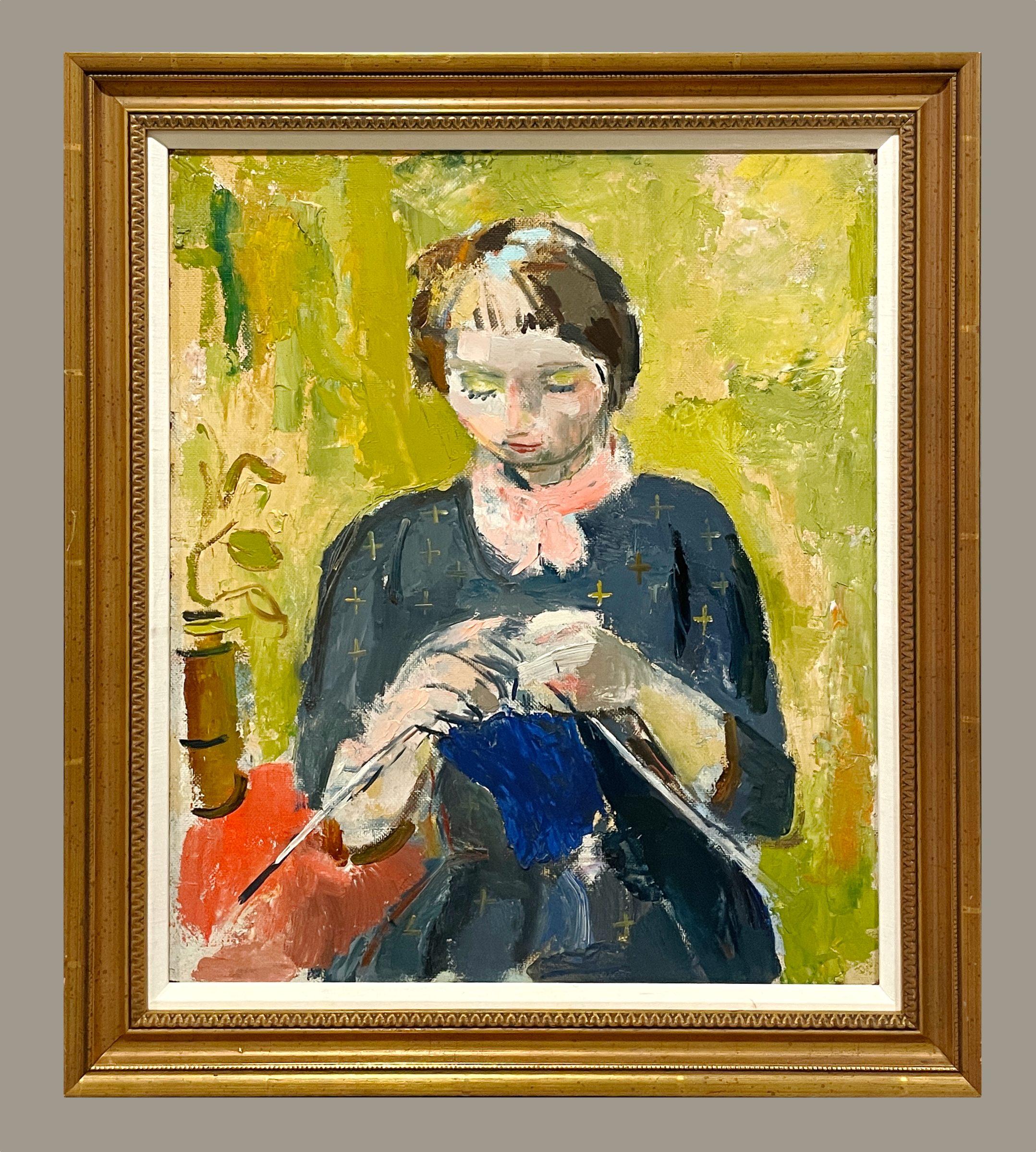 A Charming, Colorful 1930s Painting of a Young Woman Knitting by Francis Chapin in vendita 2