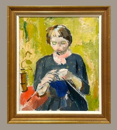 A Charming, Colorful 1930s Painting of a Young Woman Knitting by Francis Chapin