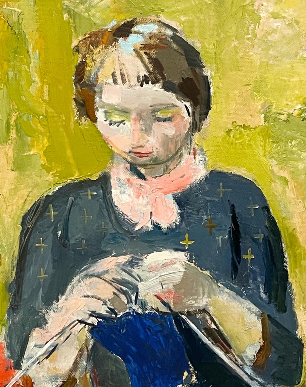 A Charming, Colorful 1930s Painting of a Young Woman Knitting by Francis Chapin in vendita 3