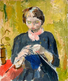 A Charming, Colorful 1930s Painting of a Young Woman Knitting by Francis Chapin