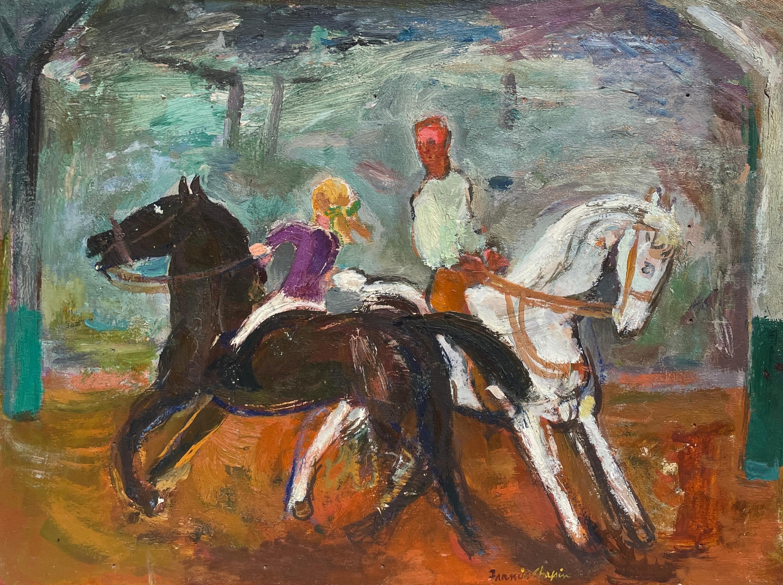 A Charming, Vintage Mid-Century Modern Painting of a Horse Riding Lesson with a Young Girl by Noted Chicago artist, Francis Chapin.  A wonderful equestrian scene dating from the 1940s of a young child enjoying a riding lesson together with her