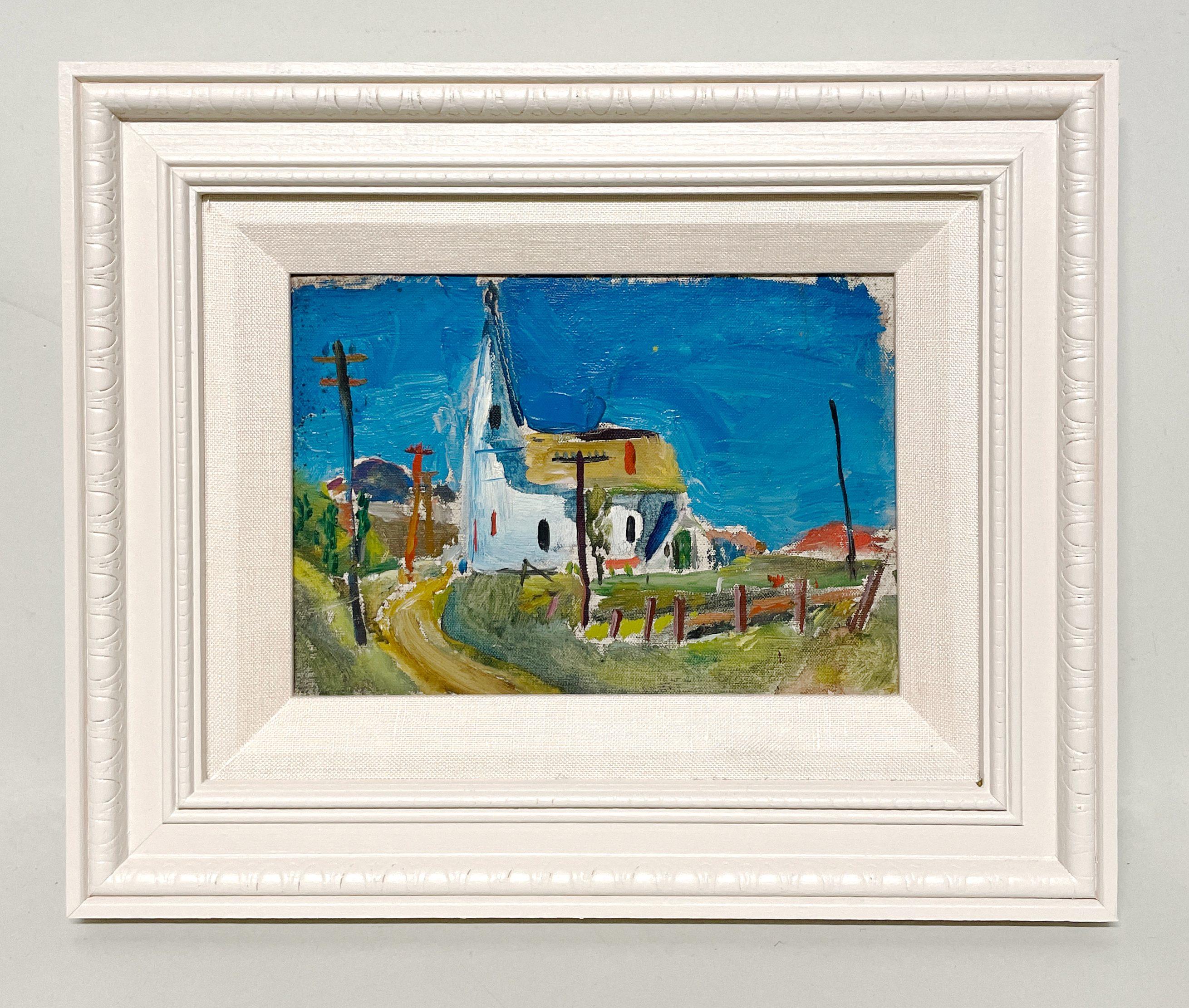 Tableau de paysage joyeux, scène américaine des années 1930 avec église et route de campagne - Modernisme américain Painting par Francis Chapin