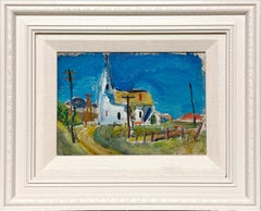 A Cheerful, 1930s American Scene Landscape Painting with Church and Country Road