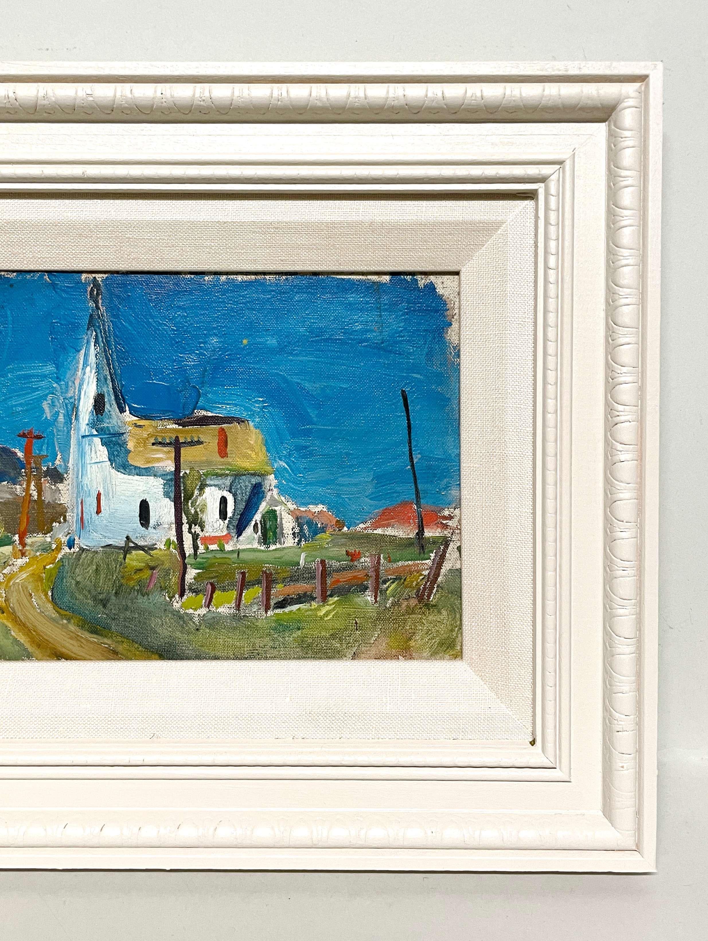 Une peinture de paysage joyeuse de la scène américaine des années 1930 avec une église et une route de campagne par le célèbre artiste moderne de Chicago, Francis Chapin (Am. 1899-1965).  Ce tableau est un véritable bijou, qui illustre les