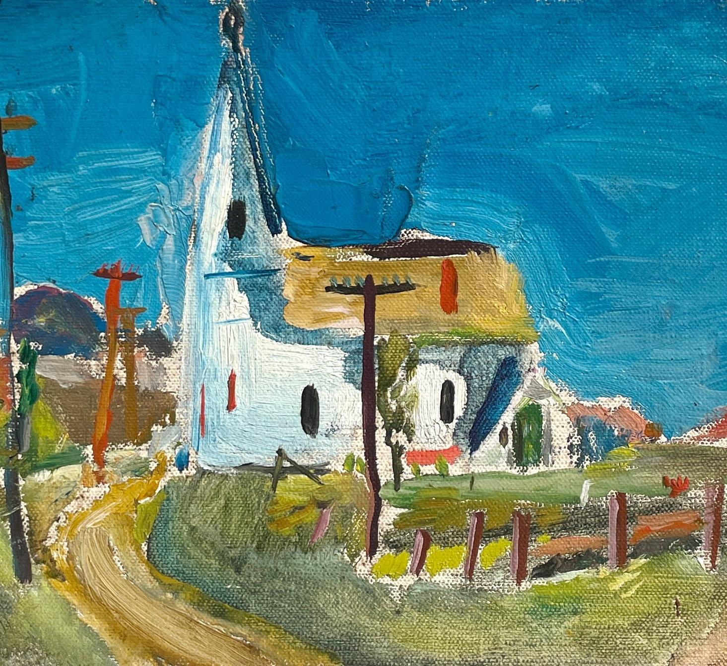 Tableau de paysage joyeux, scène américaine des années 1930 avec église et route de campagne en vente 1