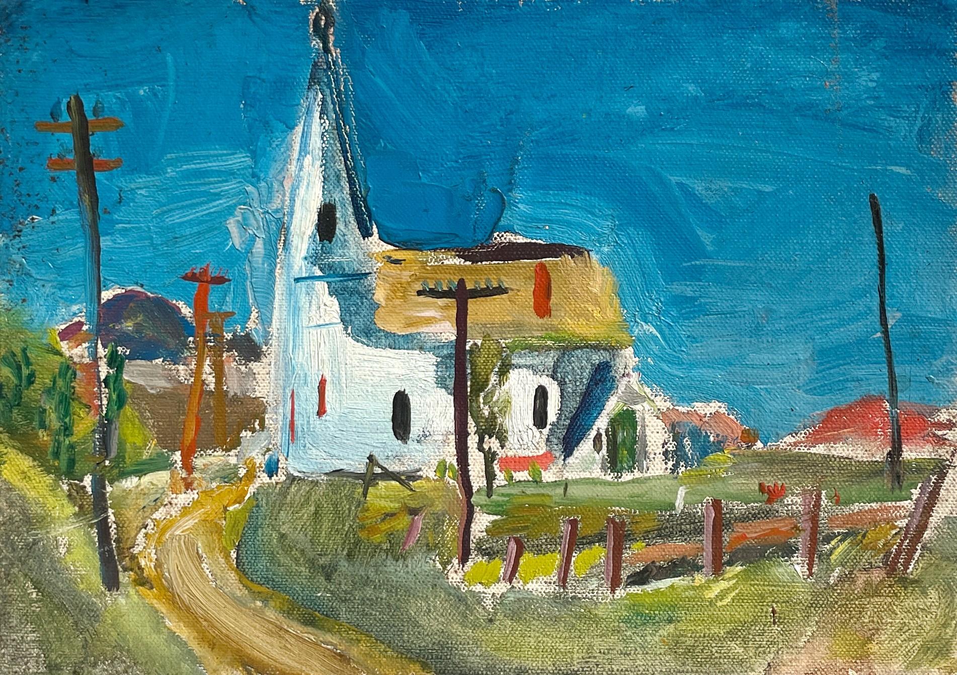 Tableau de paysage joyeux, scène américaine des années 1930 avec église et route de campagne - Painting de Francis Chapin