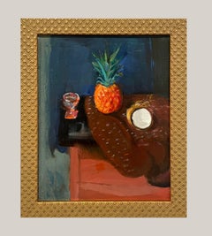 A Cheerful 1930s Modern Still Life Oil Painting with Pineapple and Coconut