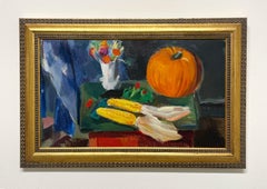 Un colorido bodegón otoñal moderno de los años 30 pintado al óleo con una calabaza