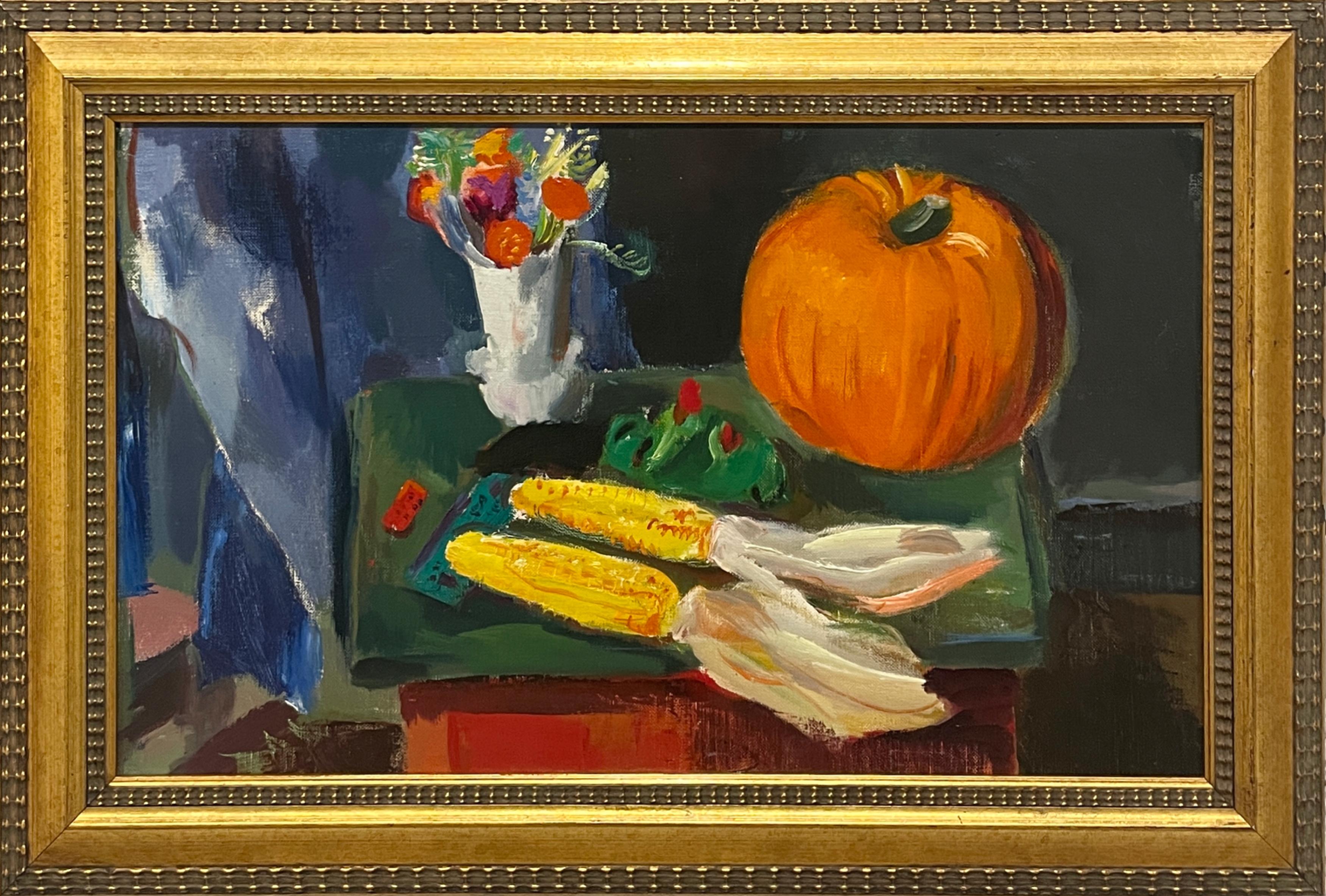A Colorful 1930s Modern Autumn-Themed Still Life Oil Painting with a Pumpkin